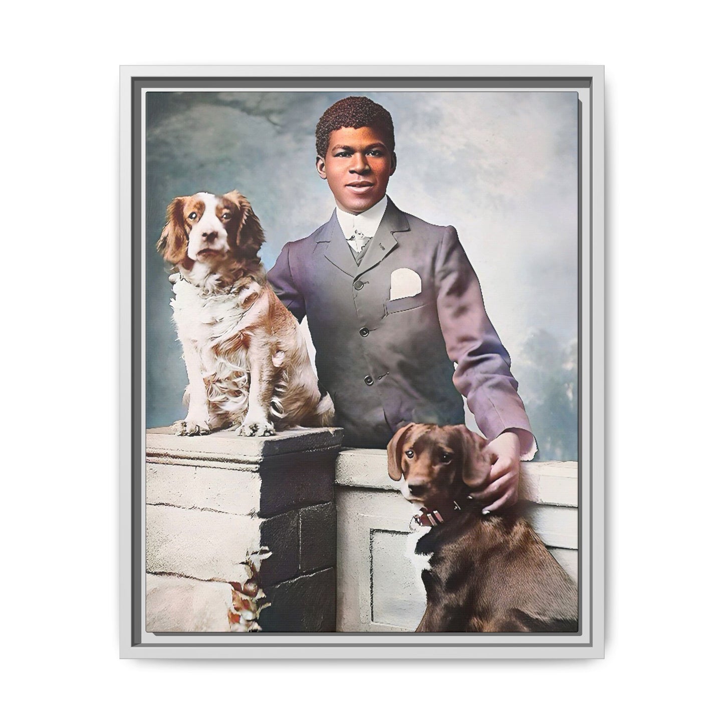 A restored vintage portrait of Marcus with his dogs, Buster and Ellis, in Charlotte, North Carolina. This framed matte canvas print captures the elegance of Southern charm and the enduring bond between a man and his loyal companions. Vintage Dog Portrait