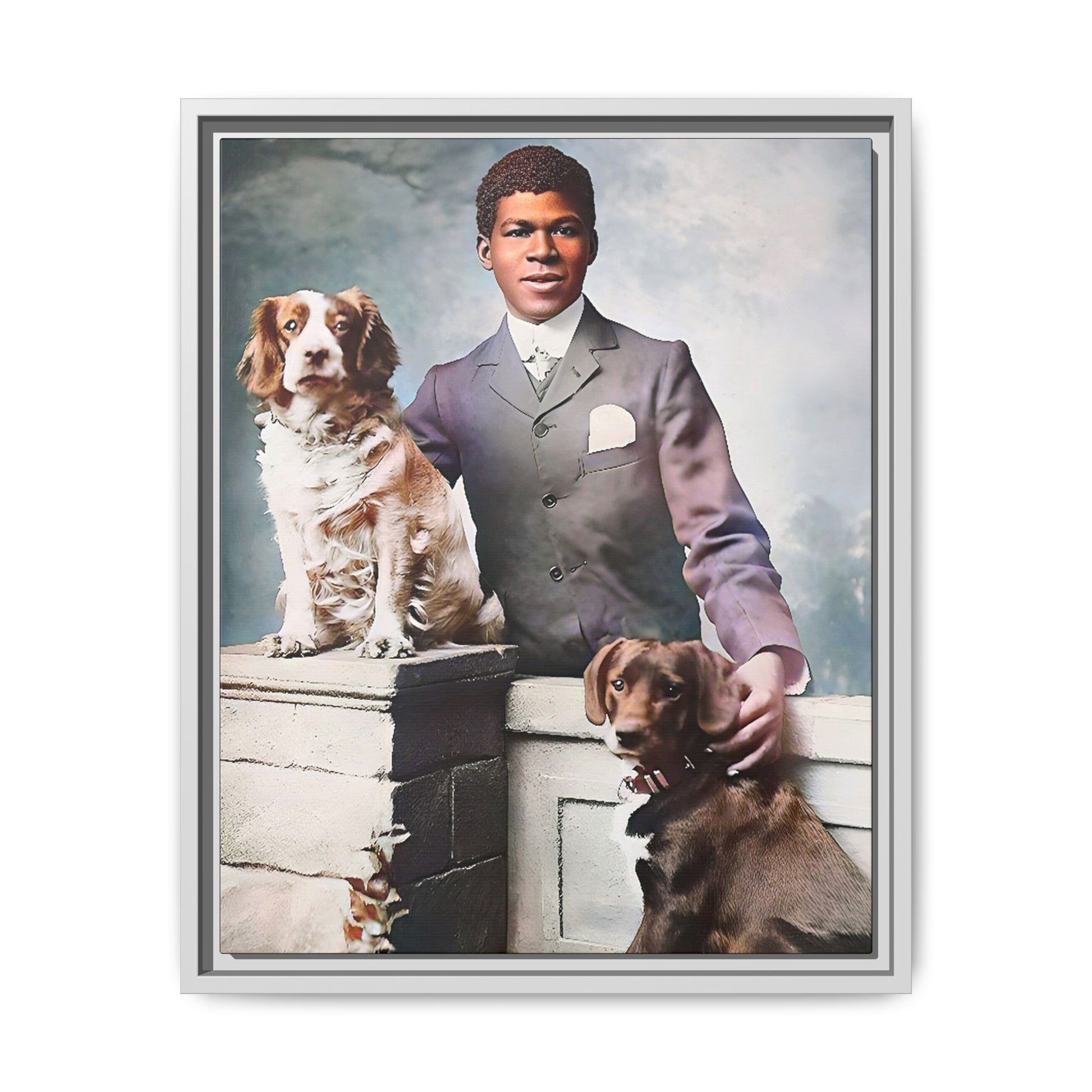 A restored vintage portrait of Marcus with his dogs, Buster and Ellis, in Charlotte, North Carolina. This framed matte canvas print captures the elegance of Southern charm and the enduring bond between a man and his loyal companions. Vintage Dog Portrait