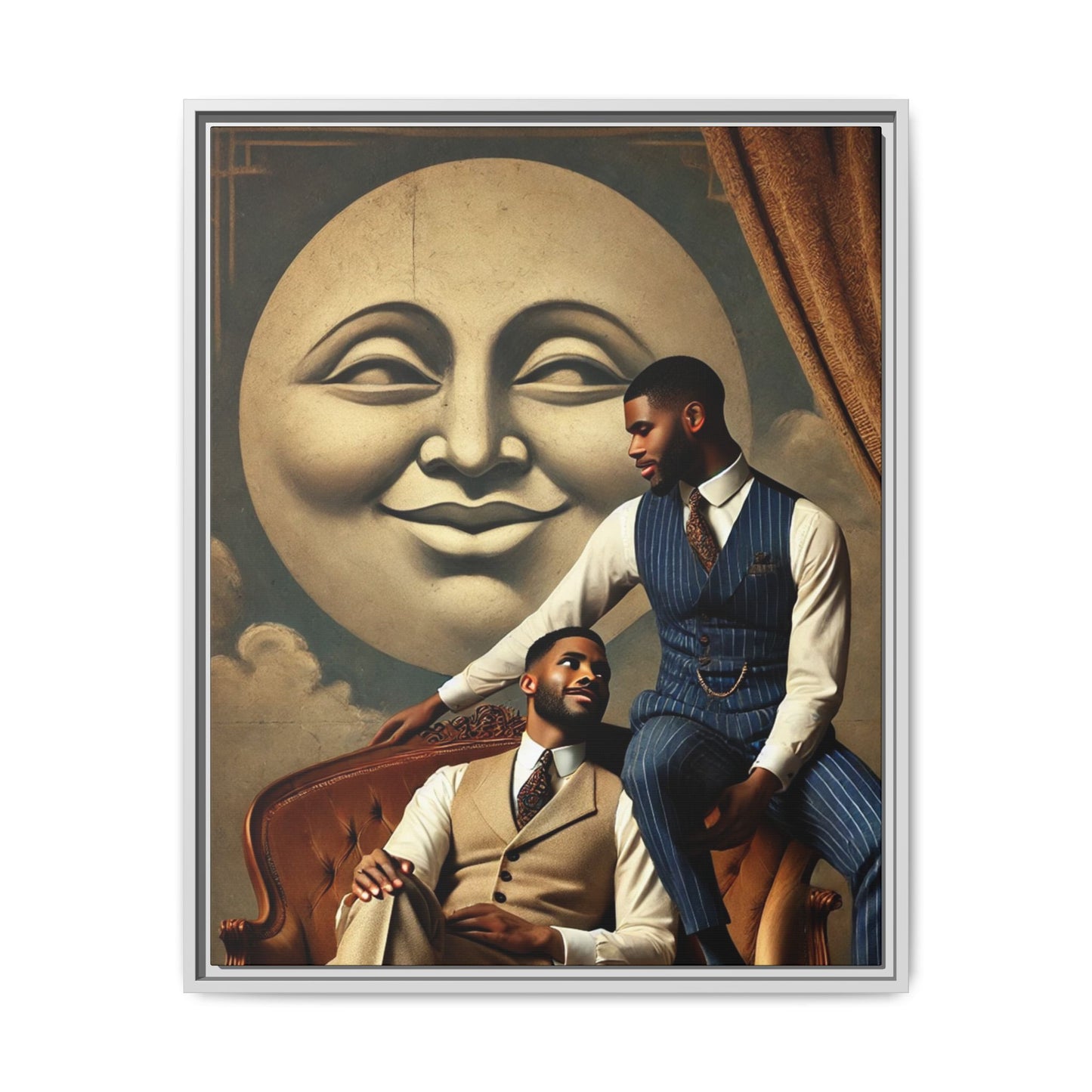 An elegant portrait of two Black men in vintage suits, seated affectionately beneath a smiling full moon. This 1920s-inspired artwork reclaims lost LGBTQ history, honoring Black queer love through style, softness, and resilience.