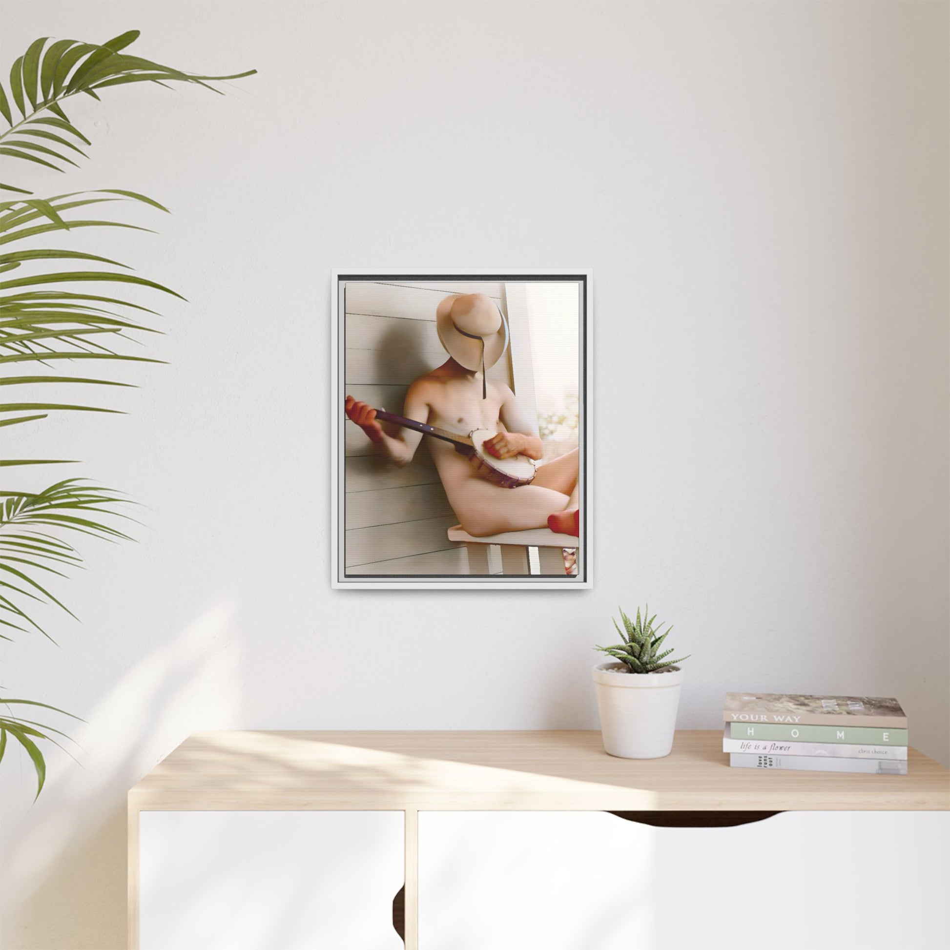 A framed vintage portrait on matte canvas featuring Glenn in Alum Creek, West Virginia, capturing the Appalachian spirit with a banjo in hand.