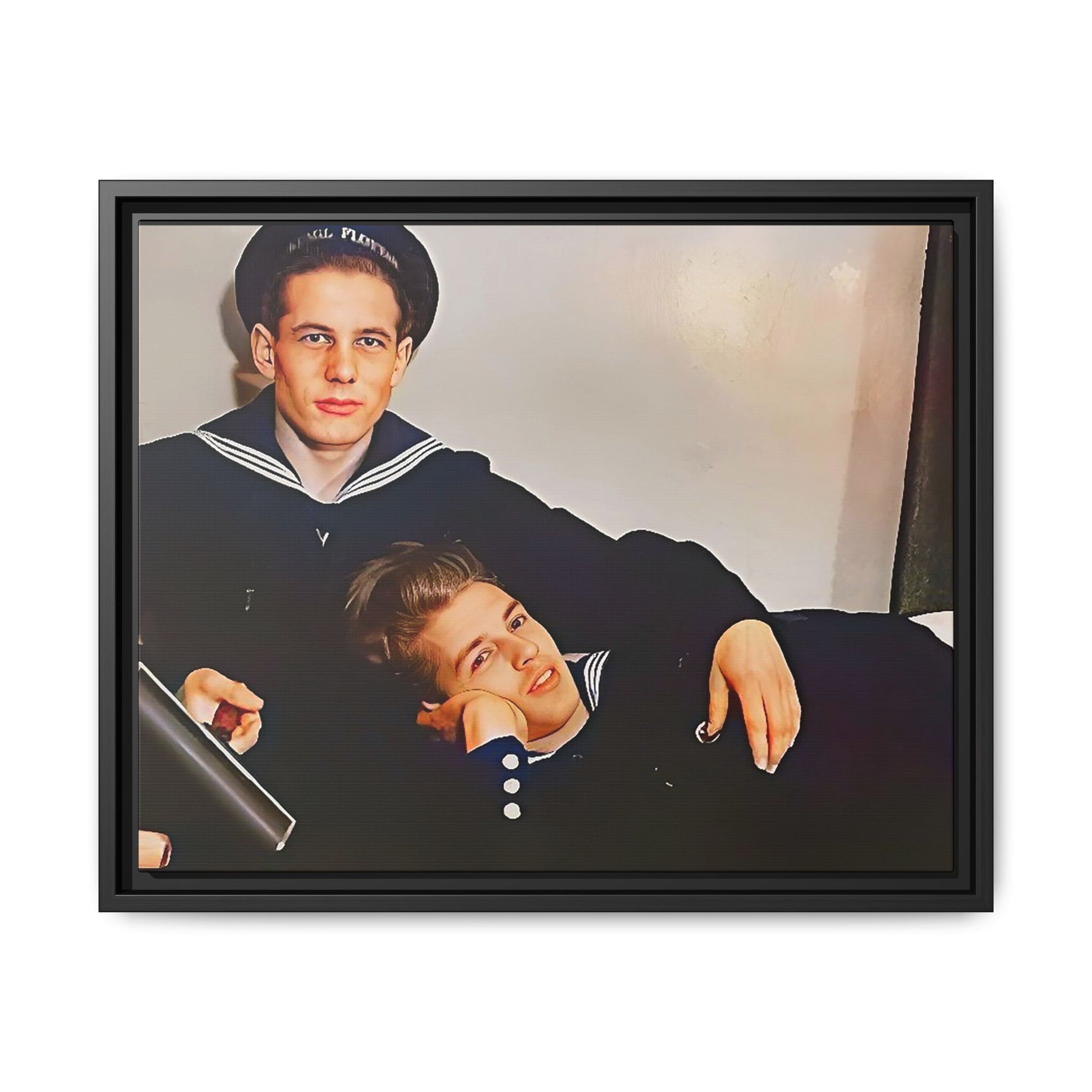 Framed vintage gay sailor portrait of Dmitriy and Mischa in navy uniforms, Sochi, Russia