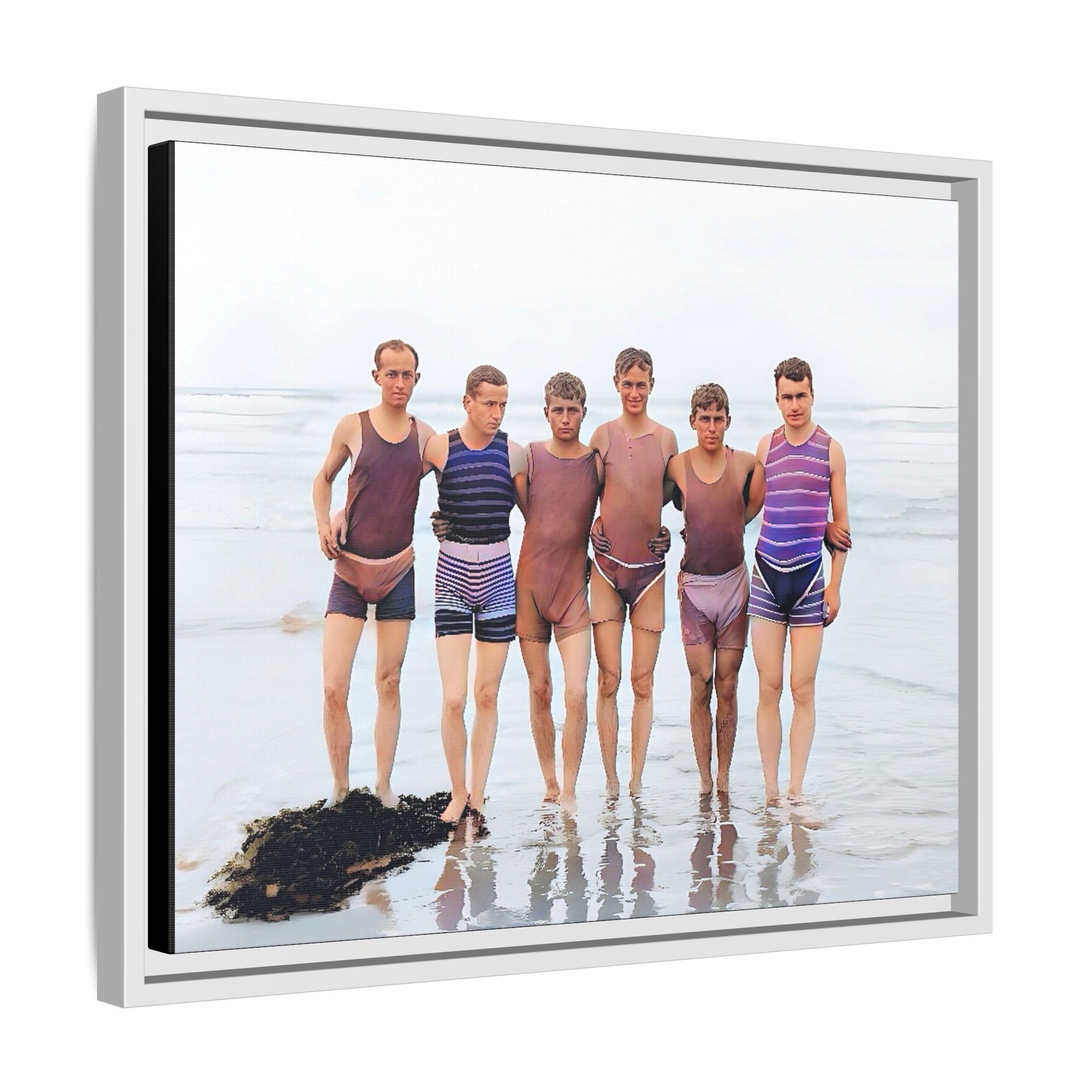 A framed vintage beach portrait on matte canvas featuring a joyful group at Herring Cove Beach, Provincetown, capturing timeless summer camaraderie.