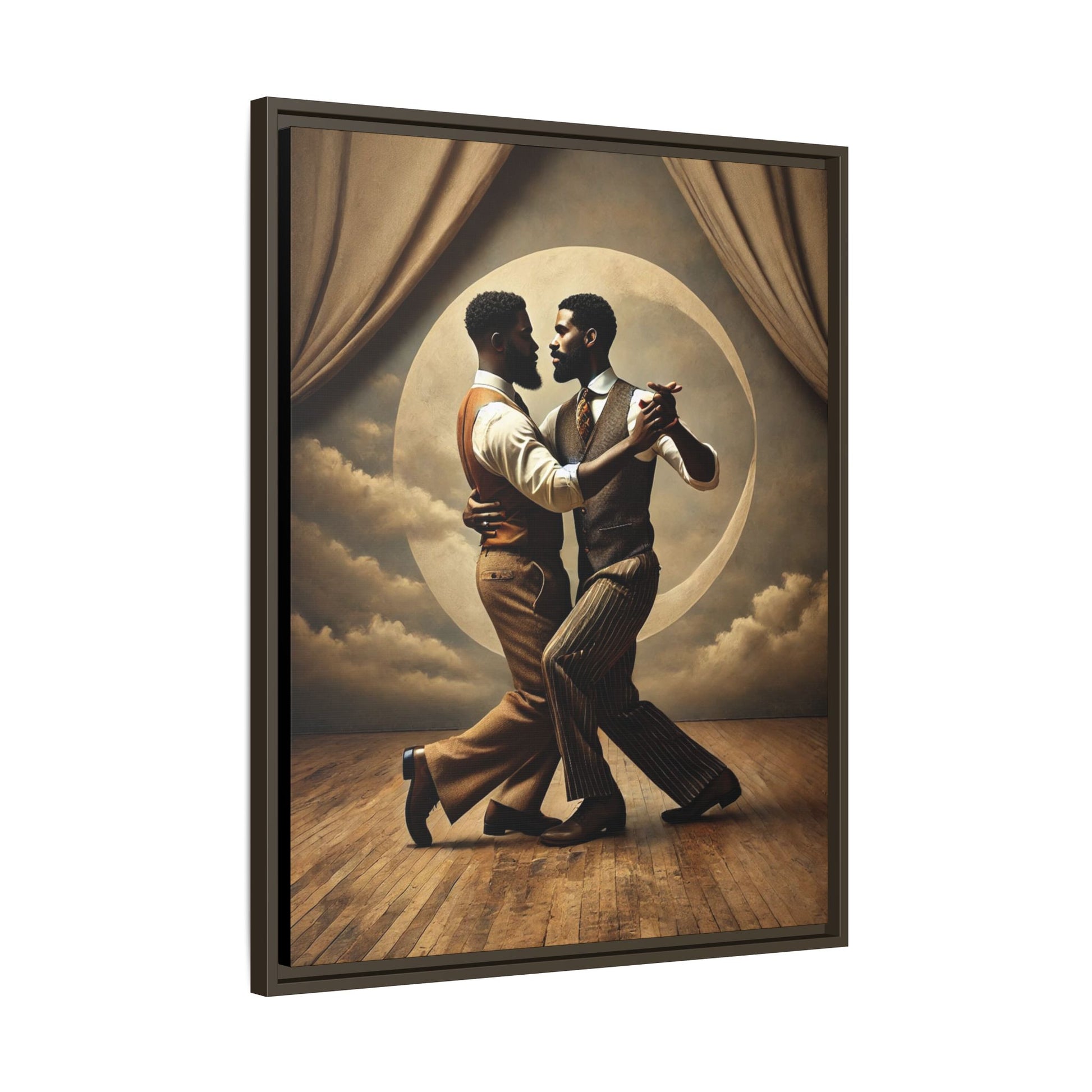 Original artwork of two Black men ballroom dancing in vintage 1920s suits under a glowing moon backdrop. A romantic and powerful tribute to queer love and Black history that reclaims moments lost to systemic bias and cultural erasure.