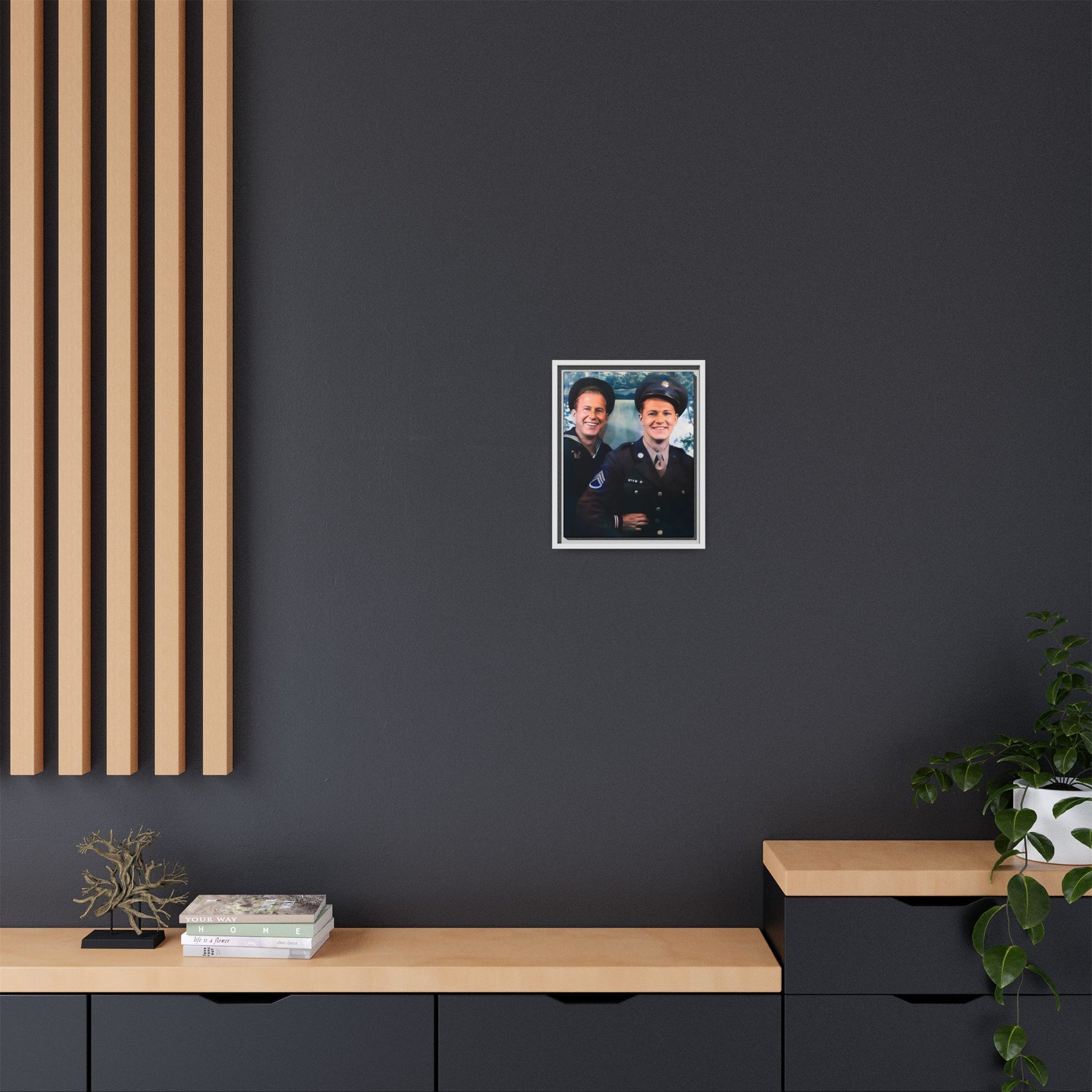 A framed vintage military portrait on matte canvas featuring a sailor and a soldier in Scapa Flow, Scotland, symbolizing service and camaraderie. Gay Couple