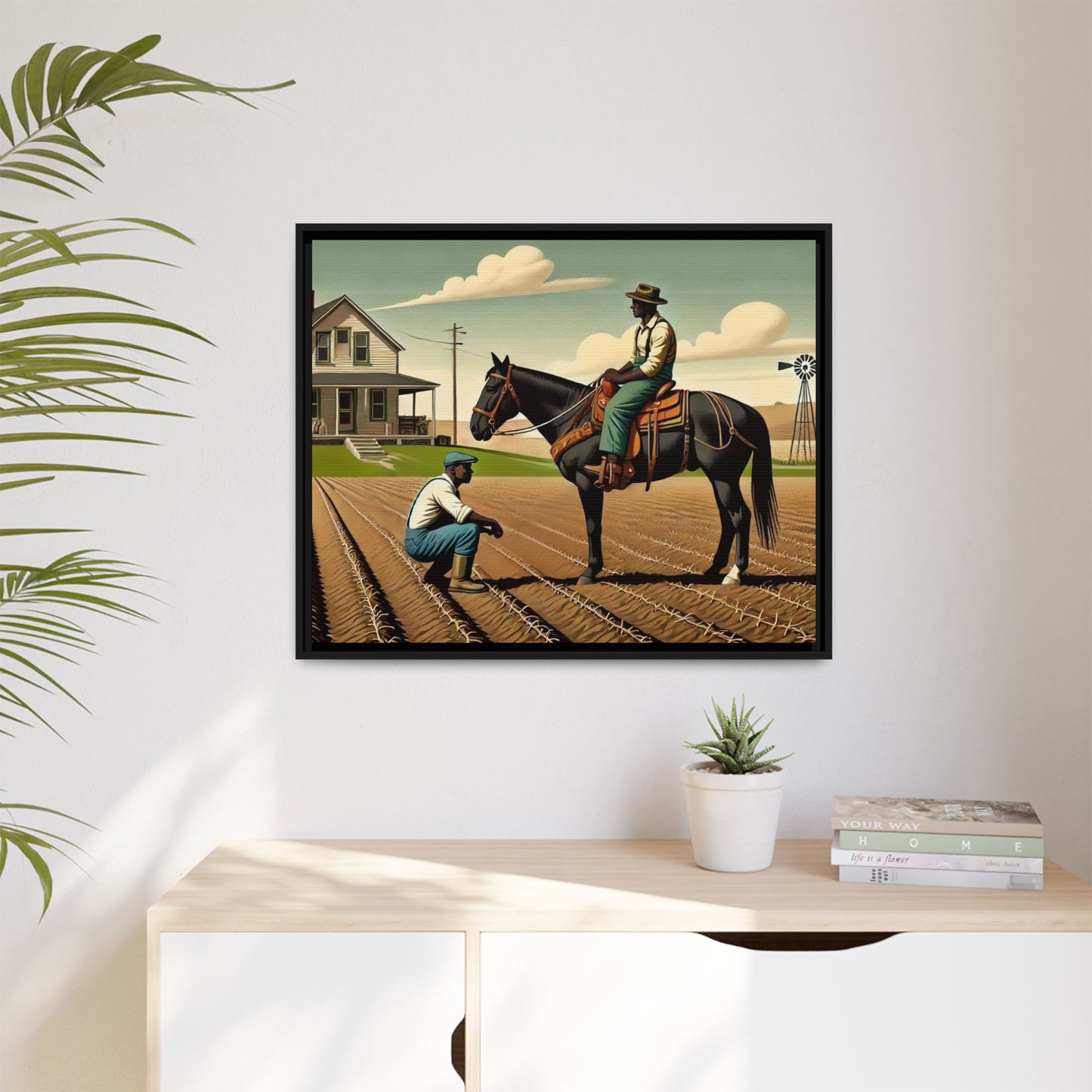 Artwork of an African American queer couple working together on a farm in a serene, vintage-inspired landscape. One man sits on horseback, gazing warmly at his partner, who examines the soil, symbolizing their partnership in both love and labor. The scene captures resilience, companionship, and the beauty of rural life.