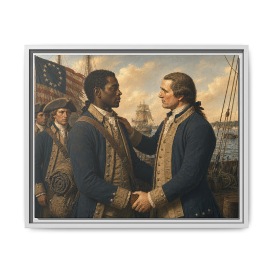 Historically inspired Revolutionary War canvas showing Black and white Continental soldiers at a colonial dock with naval vessels and military companions in the background.