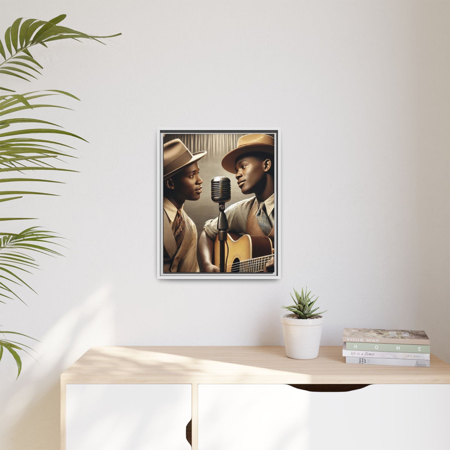 Artwork of an African-American gay couple recording a song in a 1930s-style studio. Dressed in vintage attire with fedoras and ties, they share a close, tender moment around a classic microphone, capturing love, music, and cultural heritage in a nostalgic setting