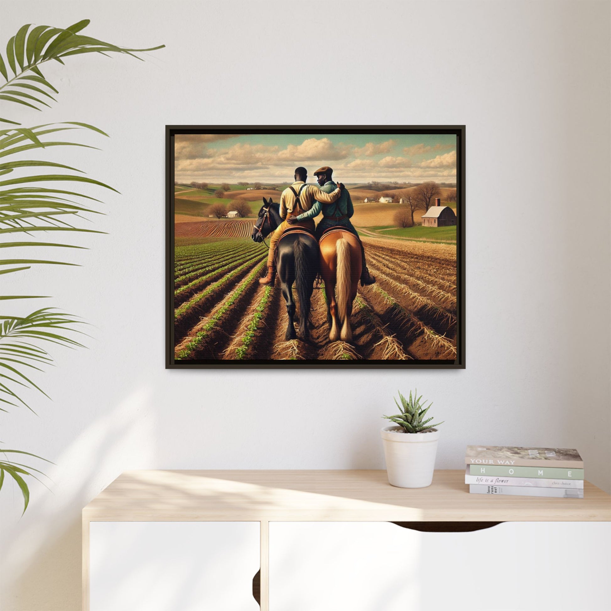 Artwork of an African-American gay couple riding horseback through expansive farmland, sharing a tender moment as they overlook lush fields. Dressed in rugged vintage attire, this scene captures resilience, love, and the charm of rural life, celebrating LGBTQ+ history and African-American heritage.