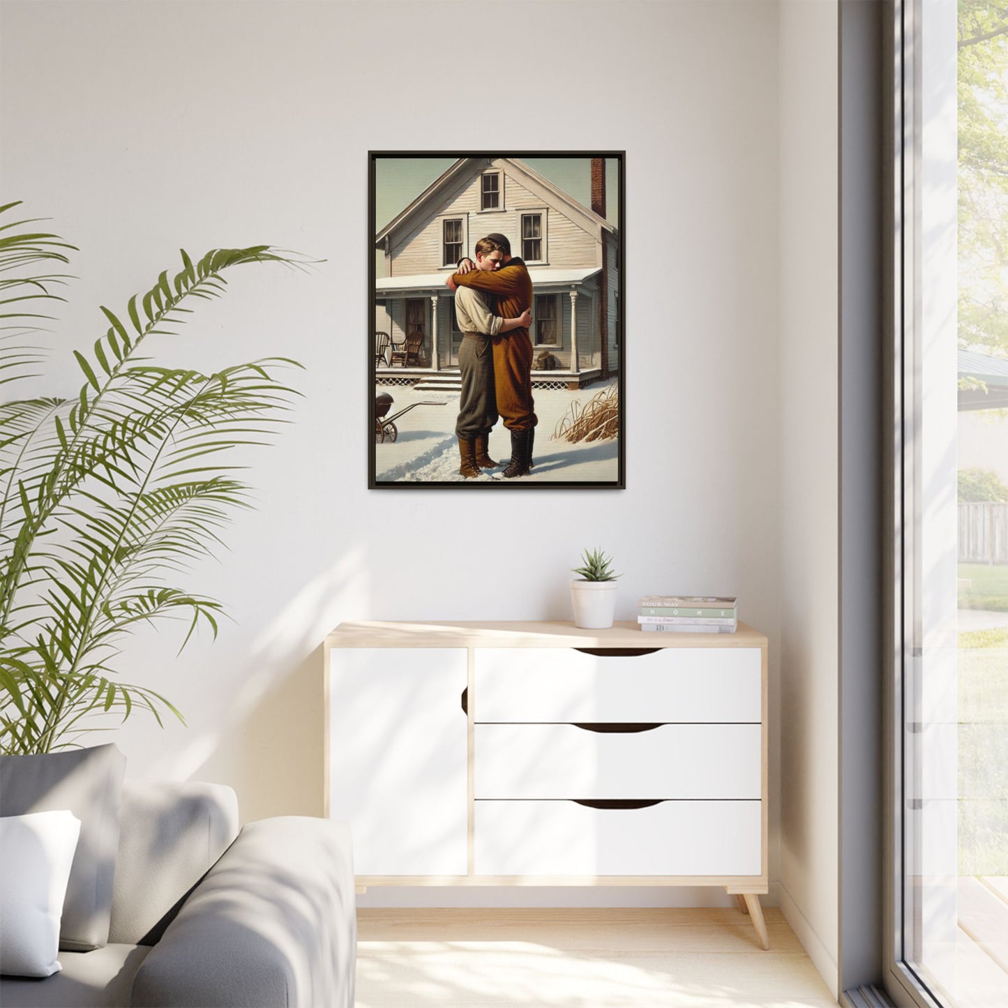 Artwork of a tender moment between a gay couple embracing outside a farmhouse in a snowy, rural landscape. Dressed in vintage attire, the two men find warmth and comfort in each other’s arms, capturing love and connection in a serene, Americana winter setting