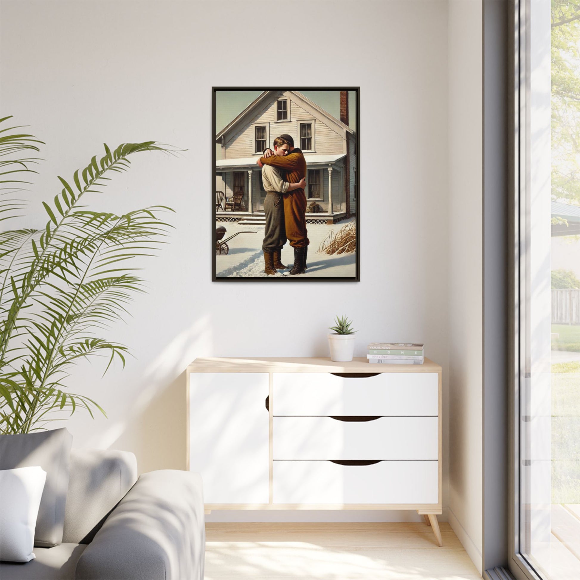 Artwork of a tender moment between a gay couple embracing outside a farmhouse in a snowy, rural landscape. Dressed in vintage attire, the two men find warmth and comfort in each other’s arms, capturing love and connection in a serene, Americana winter setting