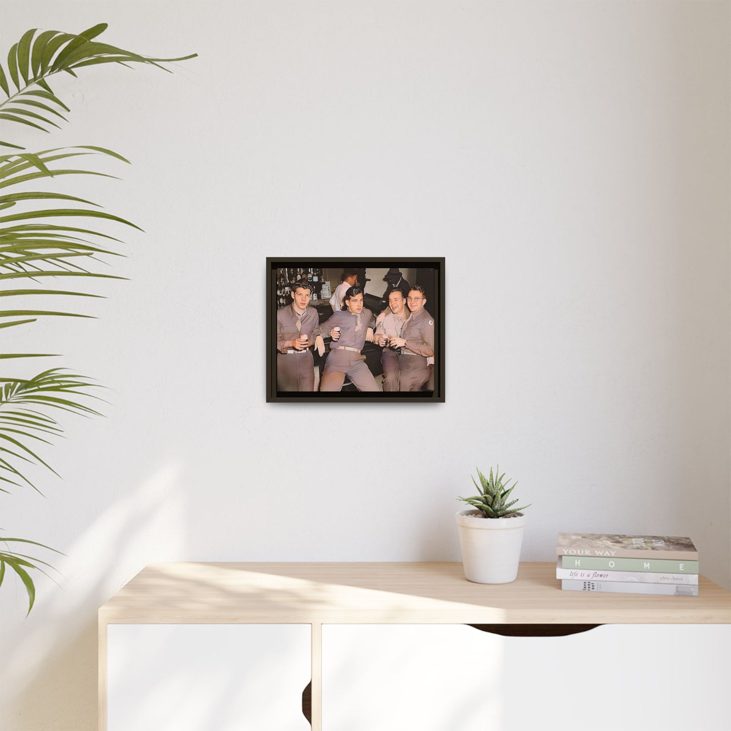Restored vintage photograph of soldiers in uniform gathered at Jackson's gay bar in mid-20th century San Francisco. Framed matte canvas print celebrating camaraderie, resilience, and LGBTQ+ history