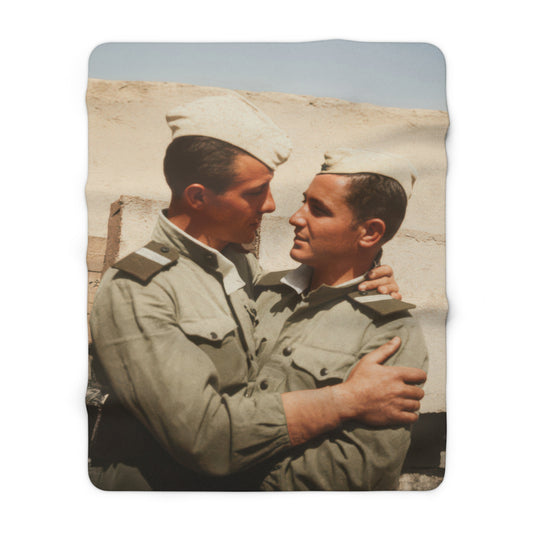 Cozy fleece sherpa throw featuring two uniformed men in historical image