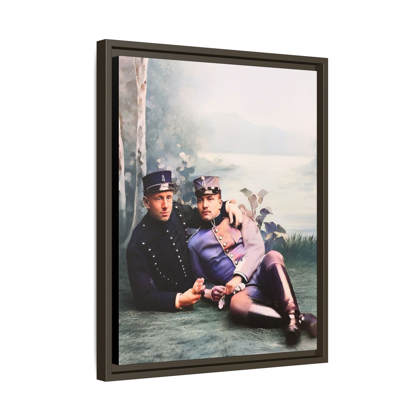 Restored early 1900s photo of Karl and Mats in Swedish military uniforms, reclining by a lakeside, celebrating LGBTQ+ love and history, framed as wall art. Gay Couple Vintage foto homosexuella par