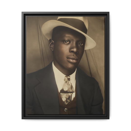 Black male sitter looking toward the camera in a dark jacket, contrasting waistcoat, and patterned tie secured with a tie bar.