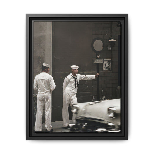 Two sailors in white naval uniforms outside a mid-century storefront with a passing automobile, Paire 151 vintage photograph.