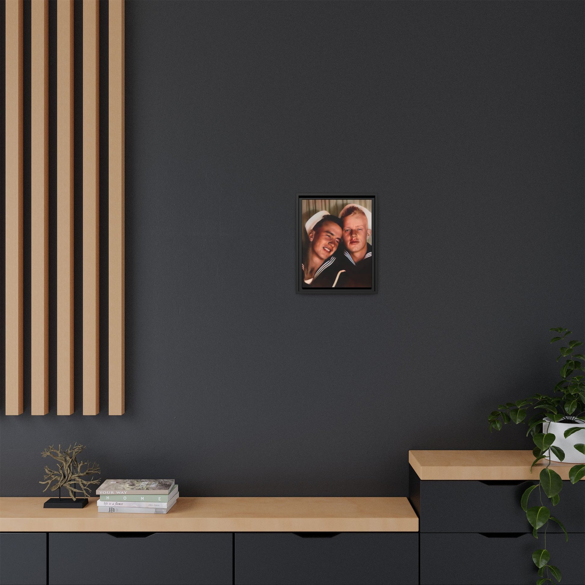 A framed vintage sailor portrait on matte canvas featuring Ray and Clyde in Newport, Rhode Island, capturing timeless LGBTQ+ love and companionship. Gay Couple Photo Booth