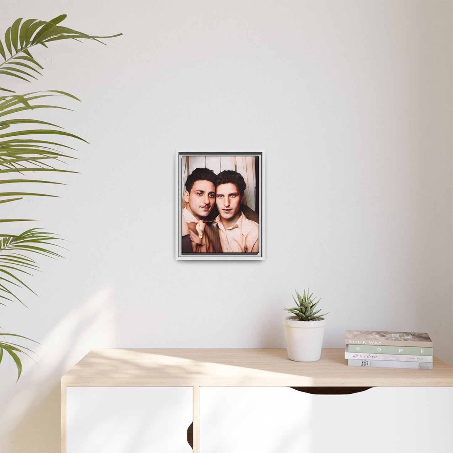 A framed vintage photo booth portrait on matte canvas featuring Juan and Lawrence in Santa Monica, California, capturing timeless LGBTQ+ love and companionship. Gay Couple