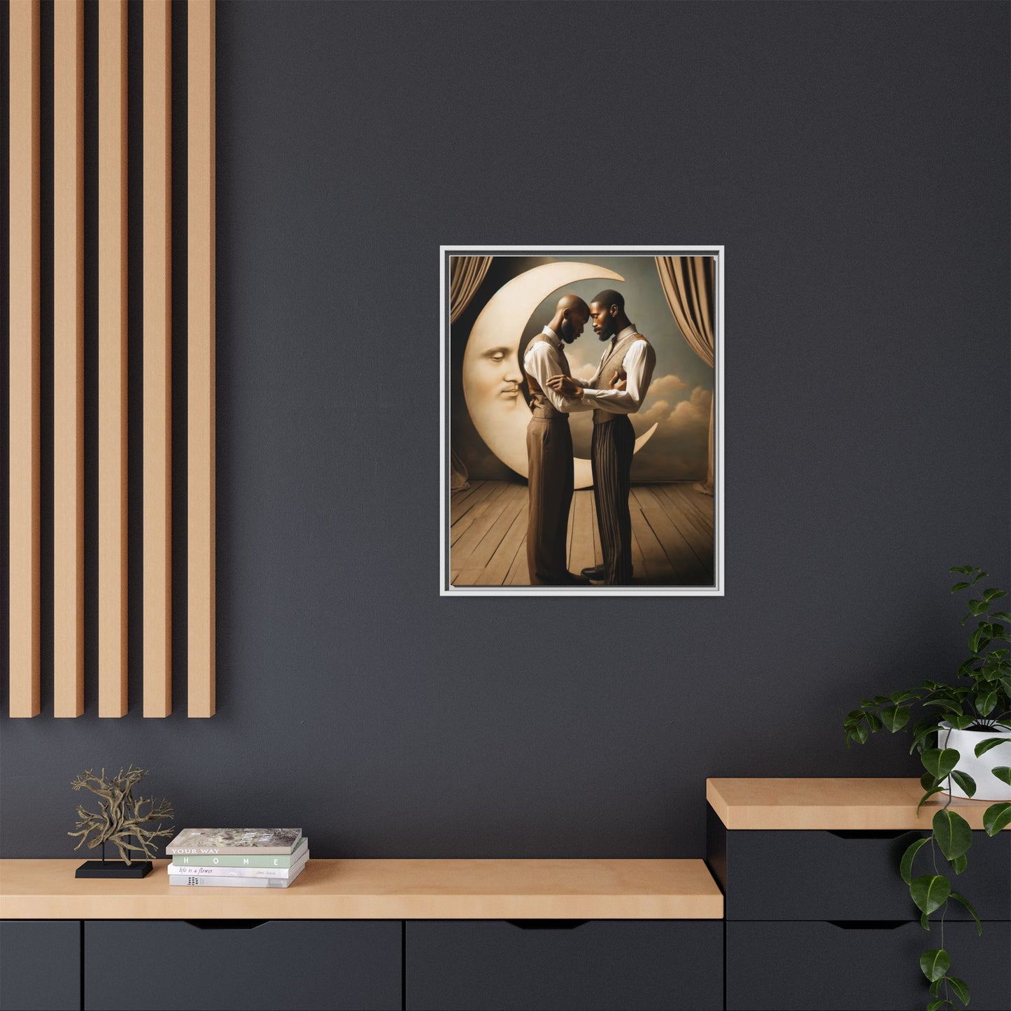 Two Black men in vintage 1920s clothing stand forehead to forehead, embraced beneath a glowing crescent moon. A theatrical scene honoring queer love, memory, and history, reclaiming moments that were never captured due to cultural bias.