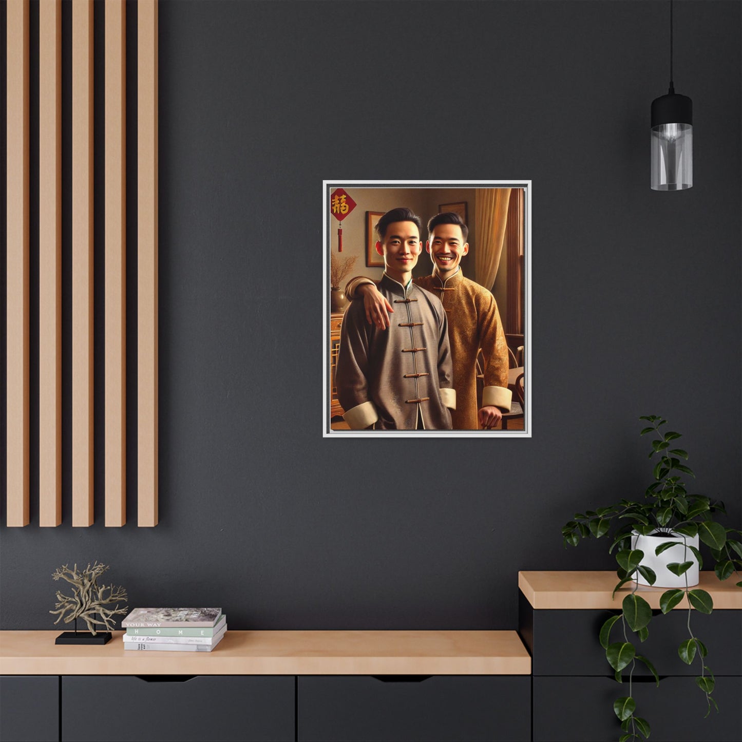 Artwork featuring a joyful portrait of a Chinese queer couple celebrating Chinese New Year in traditional attire. Set in a cozy American home adorned with subtle decorations, this image captures love, cultural pride, and warmth, blending Chinese heritage with a Midwestern setting