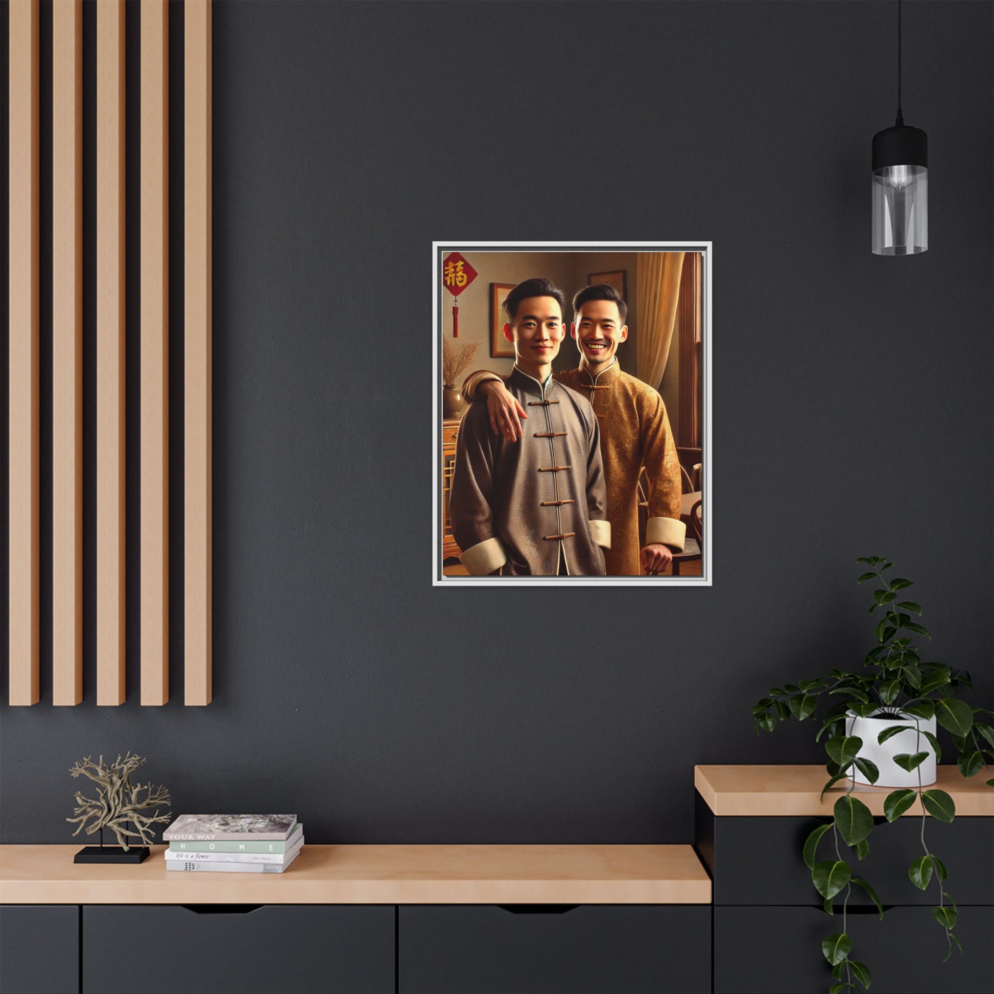 Artwork featuring a joyful portrait of a Chinese queer couple celebrating Chinese New Year in traditional attire. Set in a cozy American home adorned with subtle decorations, this image captures love, cultural pride, and warmth, blending Chinese heritage with a Midwestern setting