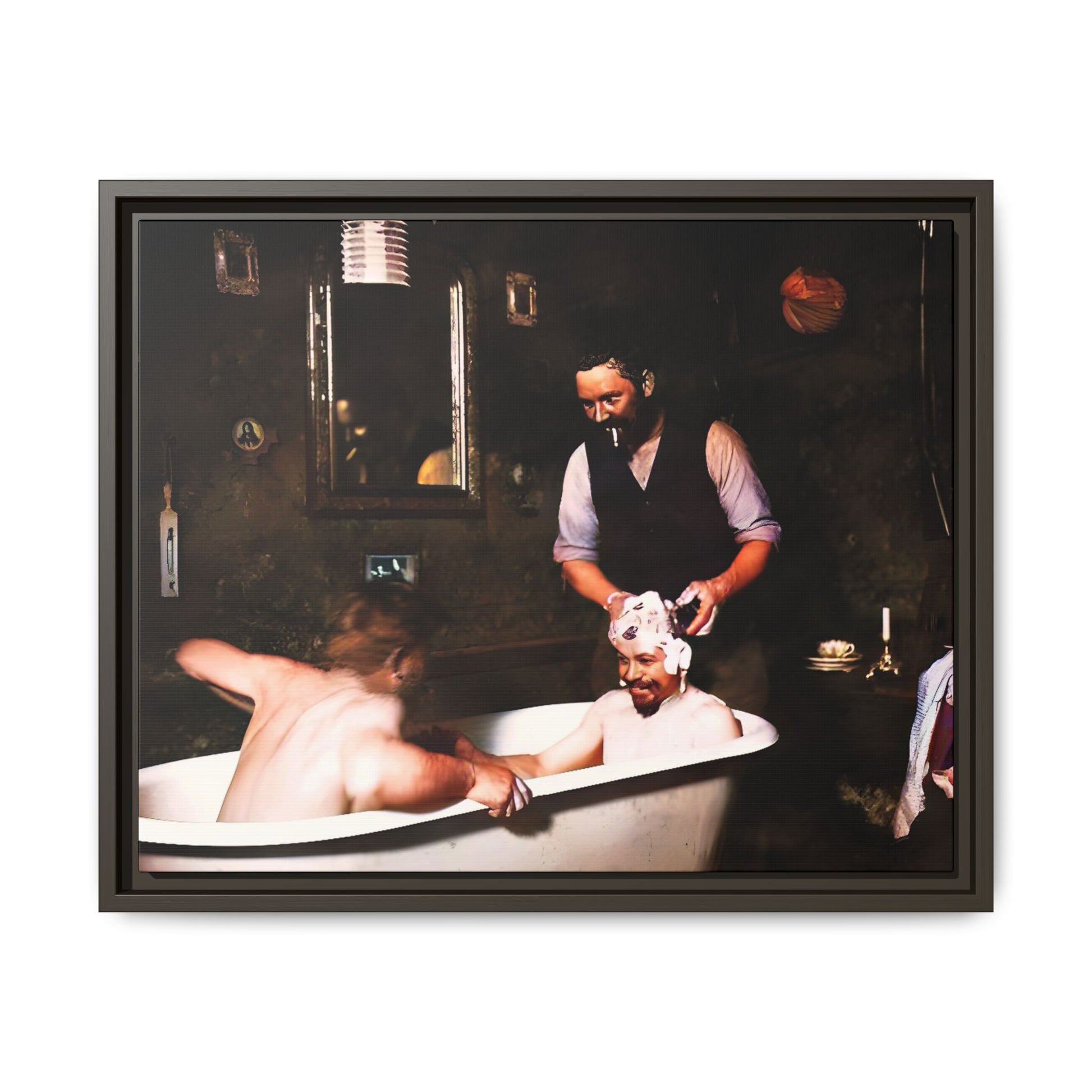 Restored vintage photo of camaraderie at Walsh Depot, Battle Mountain, NV, featuring a clawfoot tub, and framed canvas art. Naked Men in the bathtub. Gay Bears