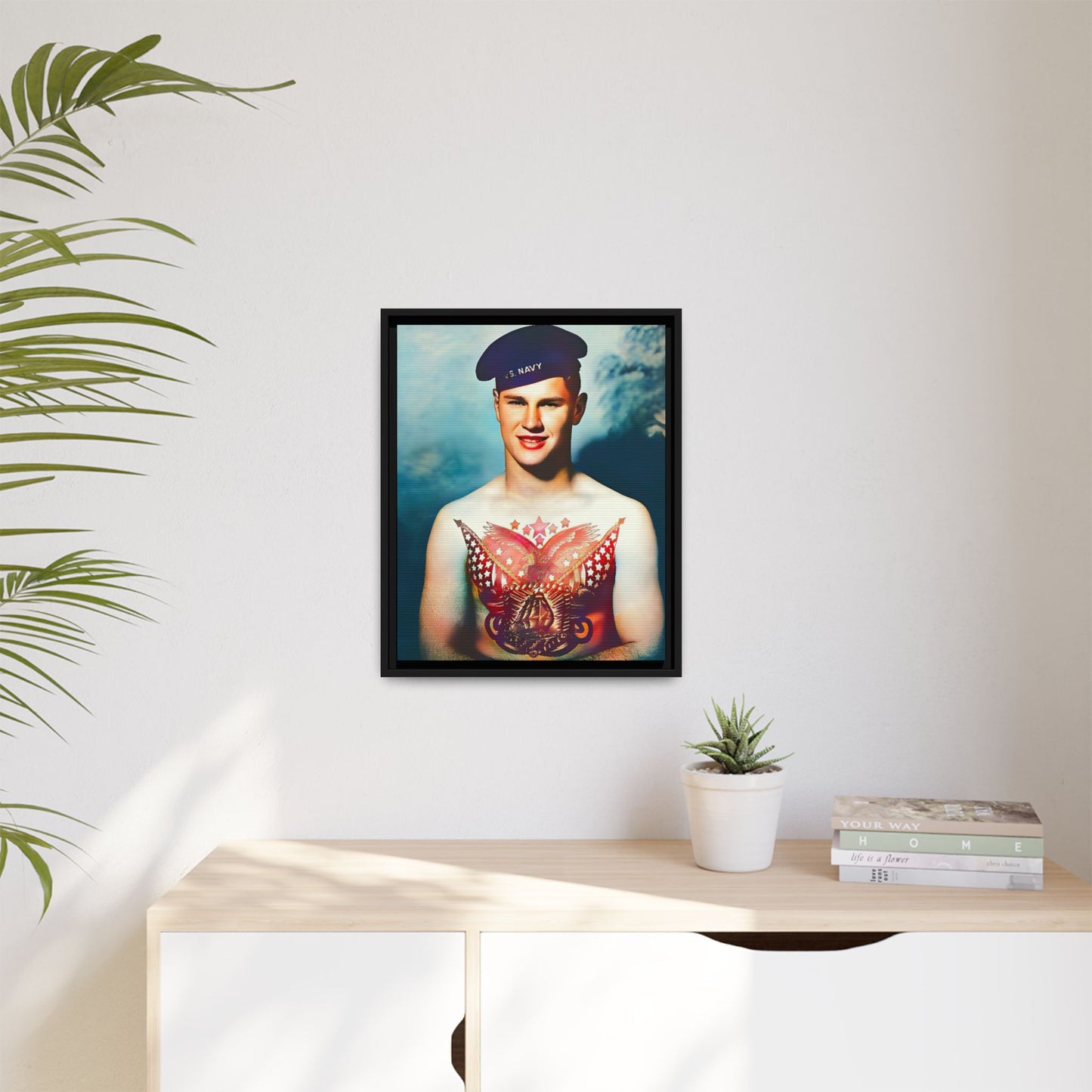 A striking vintage portrait of Charlie, a proud U.S. Navy sailor at Norfolk Navy Yard, showcasing a patriotic tattoo. This framed matte canvas print celebrates military history, individuality, and LGBTQ+ representation—perfect for collectors and history enthusiasts.