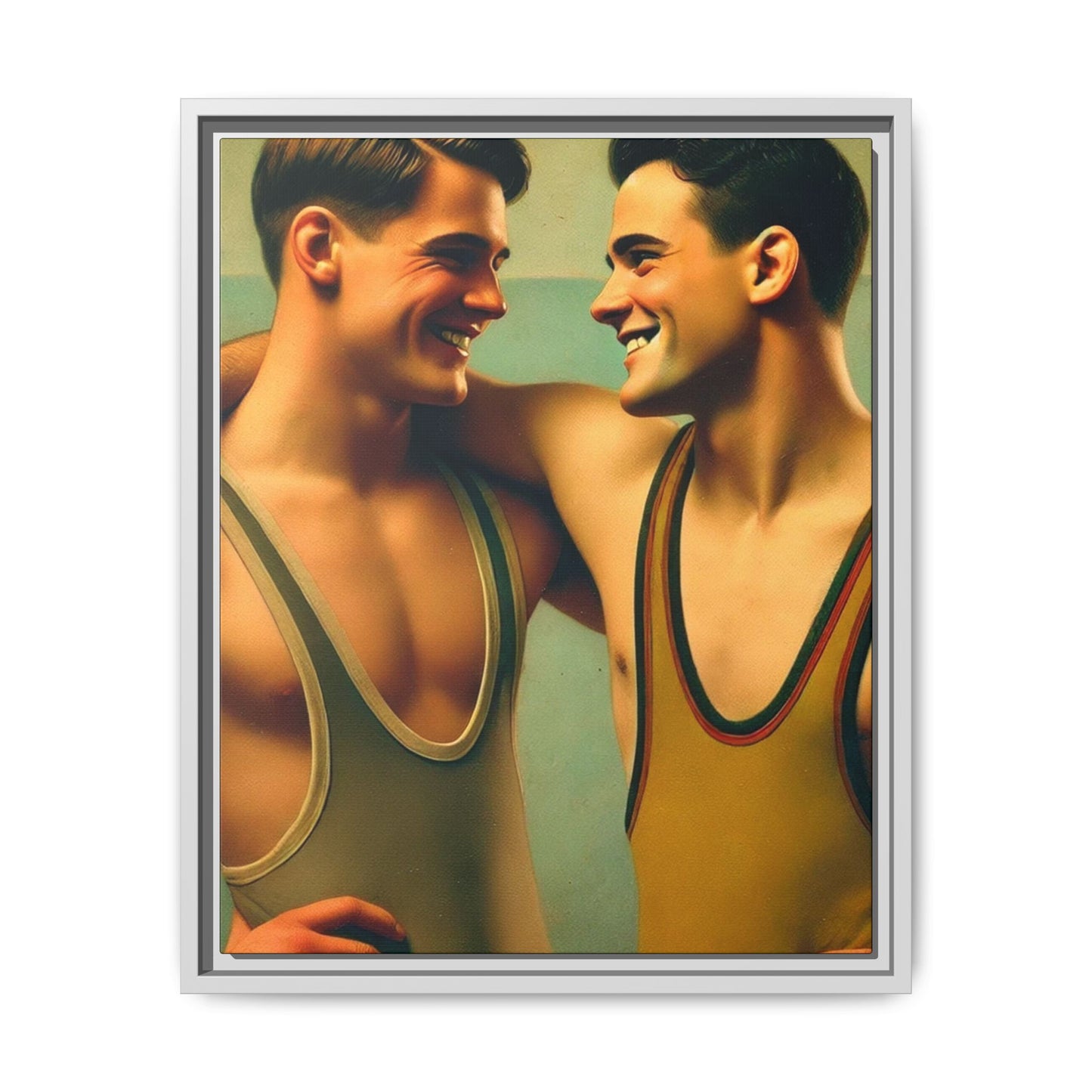 Framed artwork of two young wrestlers in vintage singlets sharing a candid moment, inspired by Grant Wood's Regionalist art style.