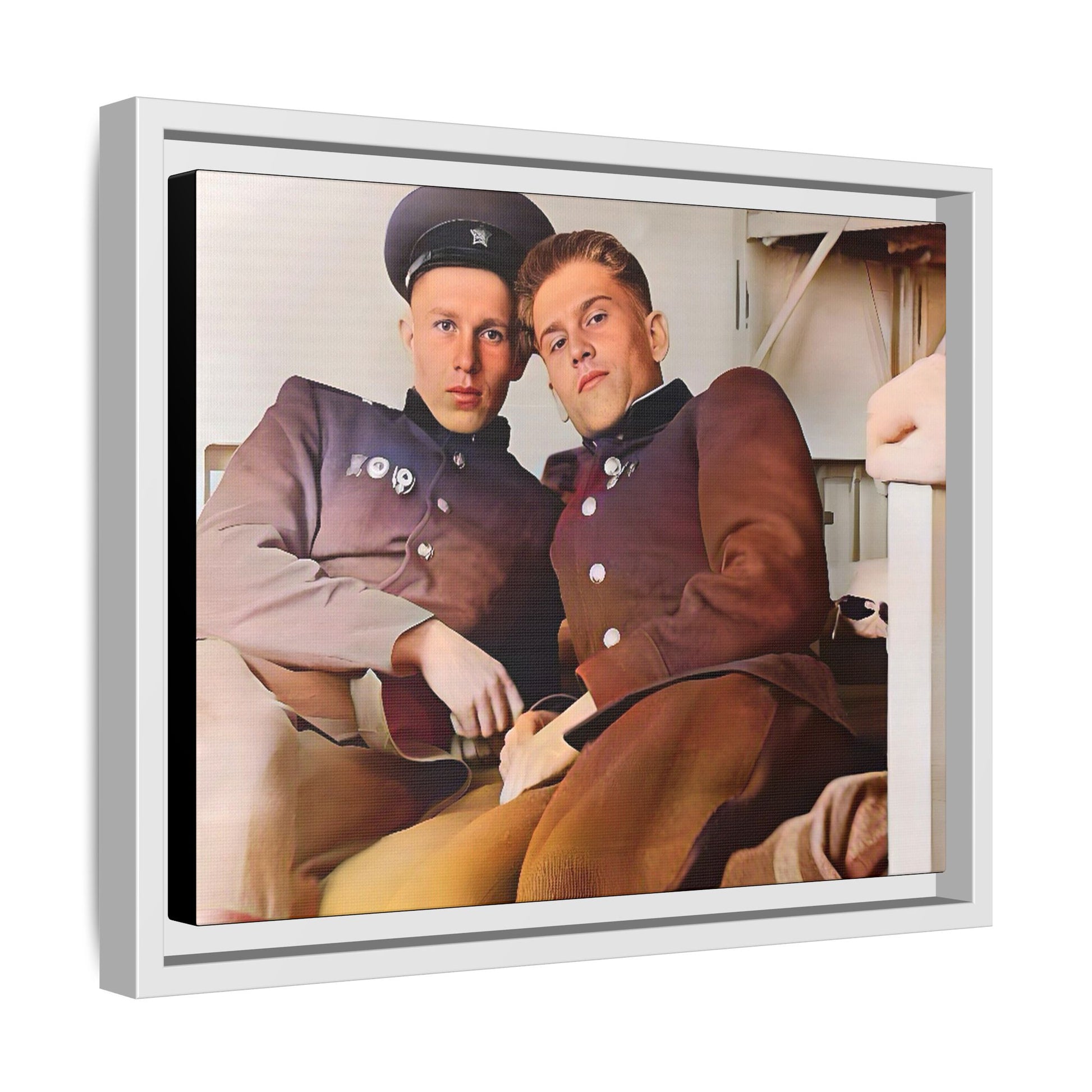 A restored vintage photograph of two Russian soldiers in uniform, seated together in their quarters in Volgograd, Russia. Their relaxed postures and warm expressions capture a moment of camaraderie, resilience, and military history. A powerful tribute to LGBTQ+ representation in the armed forces. Gay Couple Винтажное фото  гей-пара