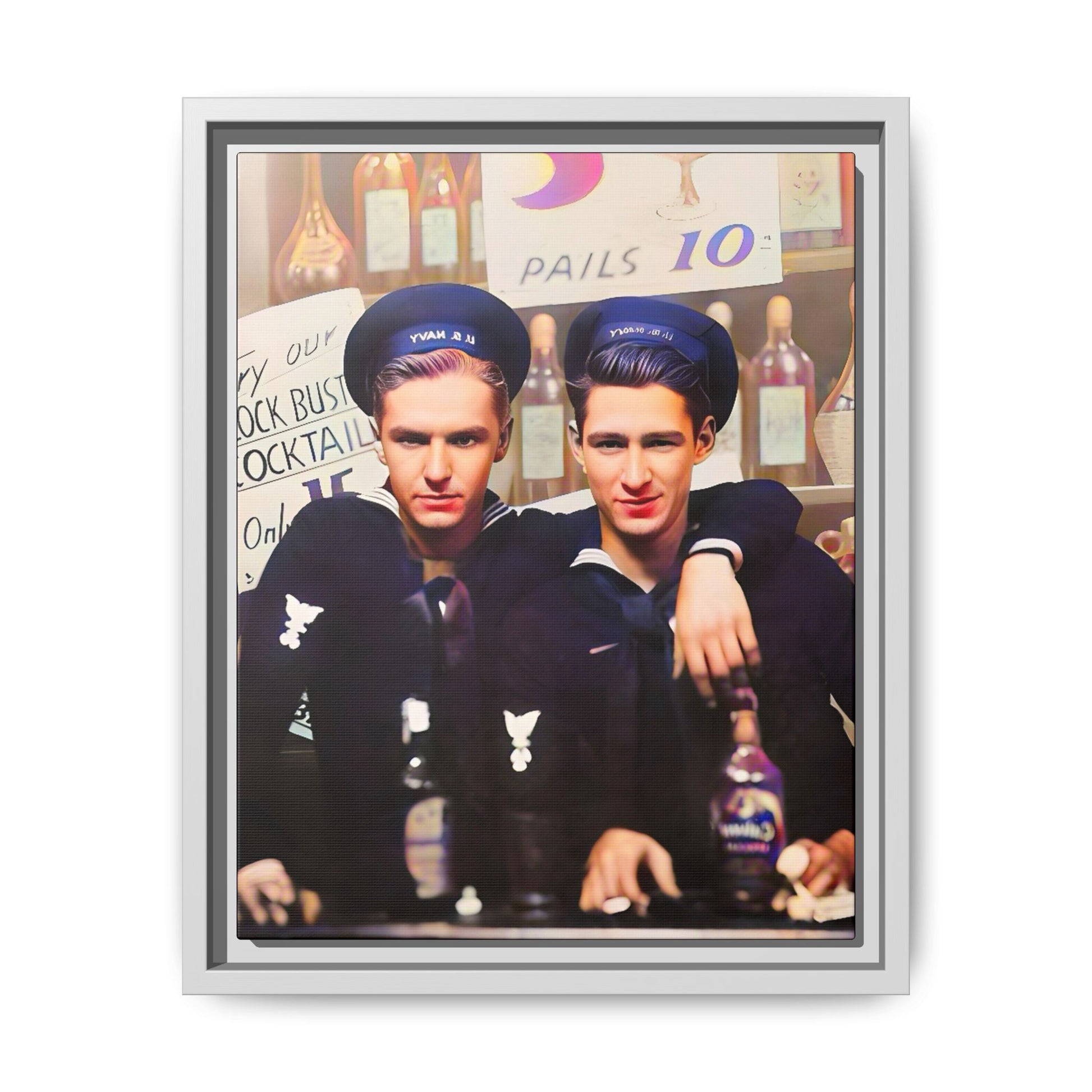 A restored vintage naval portrait of Leo & Vincent, two sailors at Norfolk Naval Station. This framed matte canvas captures LGBTQ+ history, camaraderie, and resilience in a timeless moment. Gay Couple