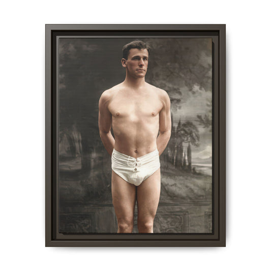 Restored historical sports photograph of a barefoot male figure before a painted studio backdrop