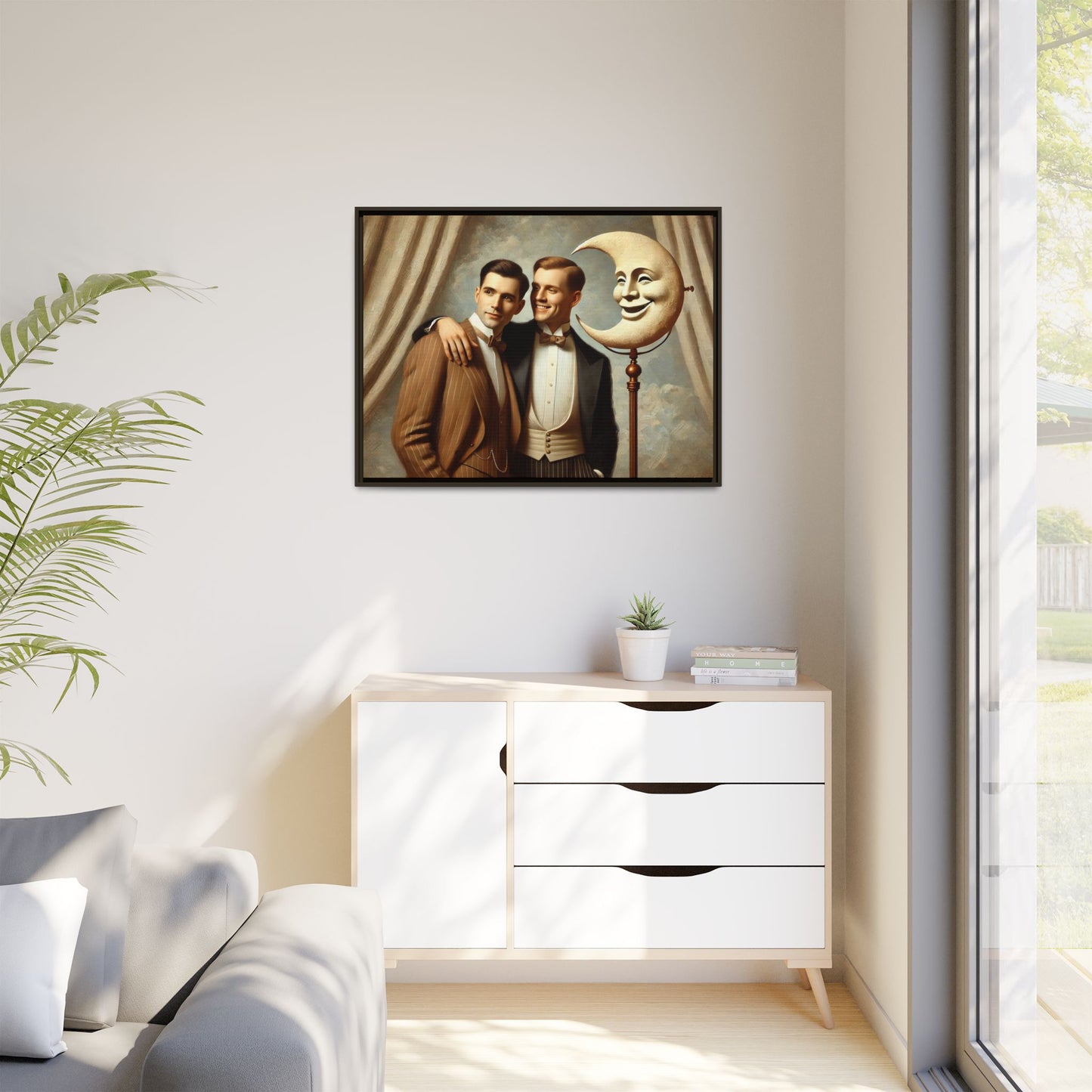 Framed matte canvas artwork of two men in vintage tuxedos standing beside a crescent moon prop. This piece reclaims LGBTQ+ representation lost to bias and honors everyday moments of affection and connection once absent from historical archives.