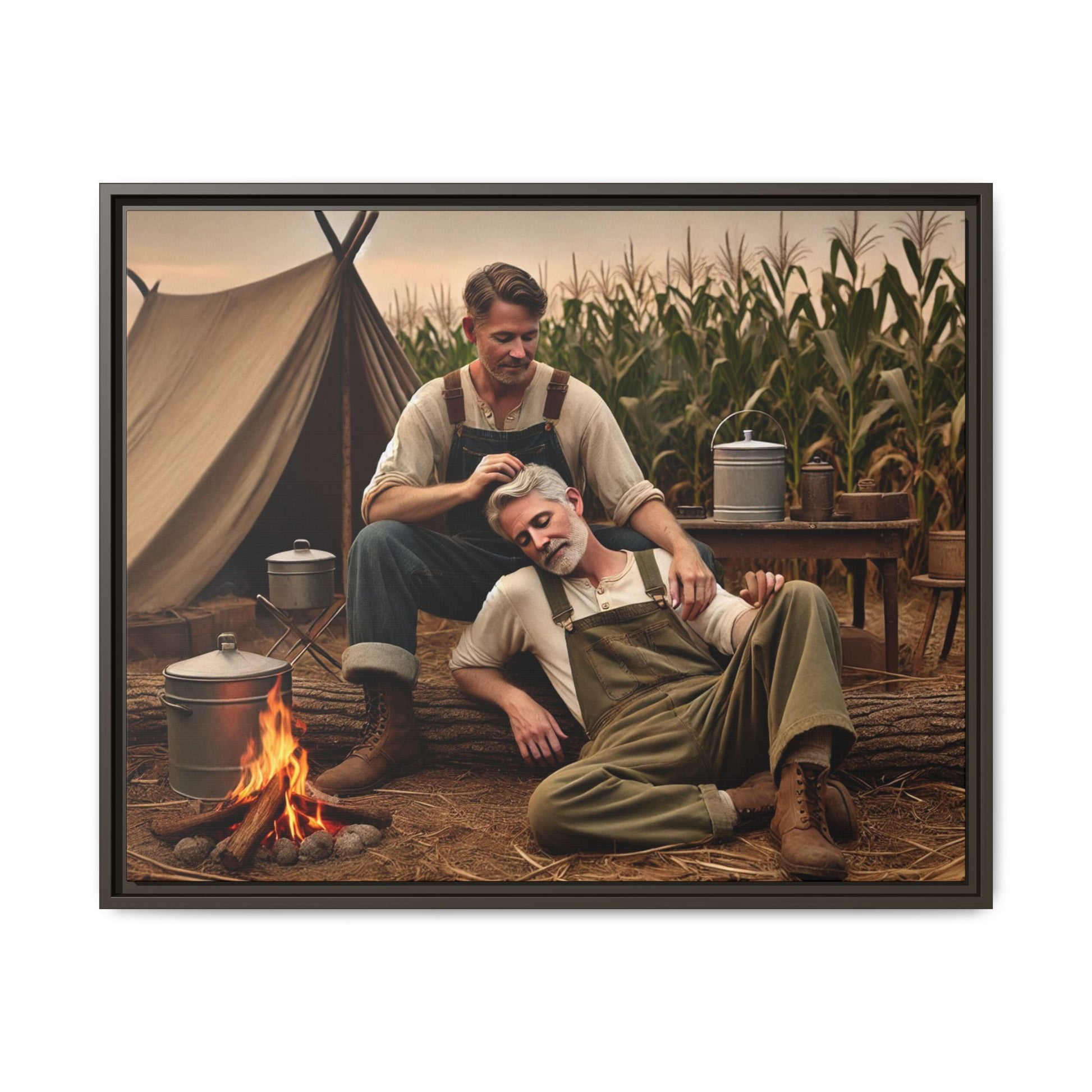 Older queer couple sharing a tender moment by the campfire, celebrating love
