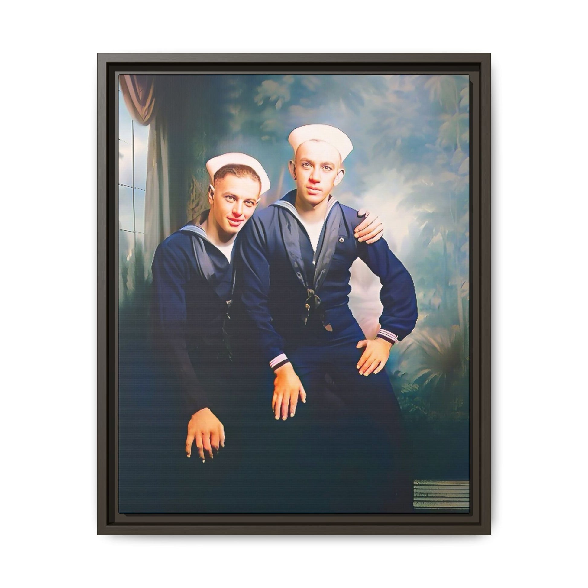 A restored vintage naval portrait of Thomas & Ervin at Naval Station Newport, Rhode Island. This framed matte canvas honors LGBTQ+ history, military service, and timeless camaraderie. Gay Couple