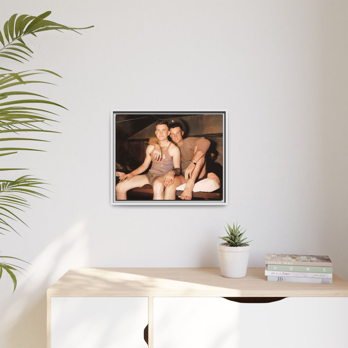 Barracks, Oahu. This framed canvas print honors LGBTQ+ history, military camaraderie, and timeless love, making it a unique and meaningful piece for collectors and history enthusiasts.