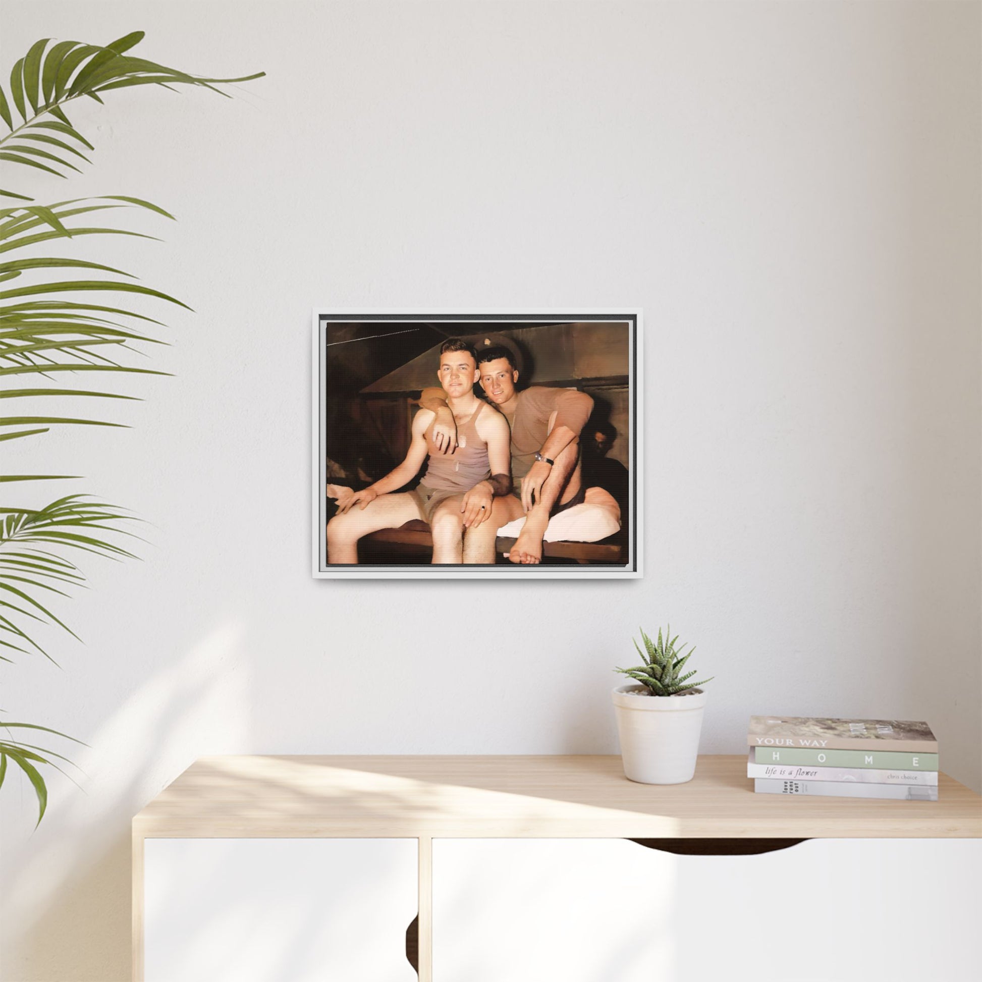 Barracks, Oahu. This framed canvas print honors LGBTQ+ history, military camaraderie, and timeless love, making it a unique and meaningful piece for collectors and history enthusiasts.