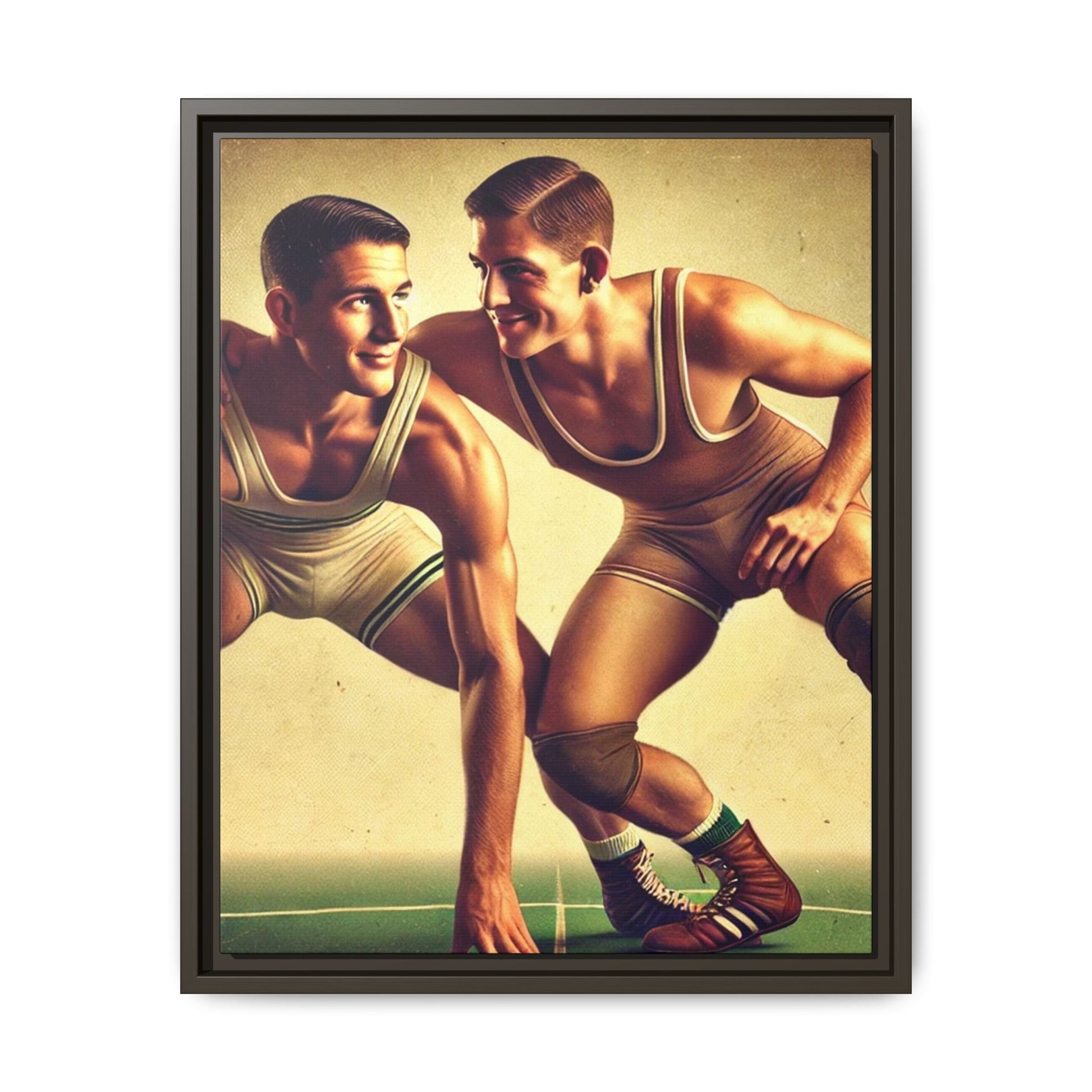 Vintage-style portrait of two young male wrestlers in retro singlets on a gym mat. One crouches in position while the other, slightly behind, smiles at him with playful affection. Both wear old-school wrestling shoes and knee pads. The scene captures athleticism, camaraderie, and queer subtext in a nostalgic, golden-toned setting. Grant Wood Tribute