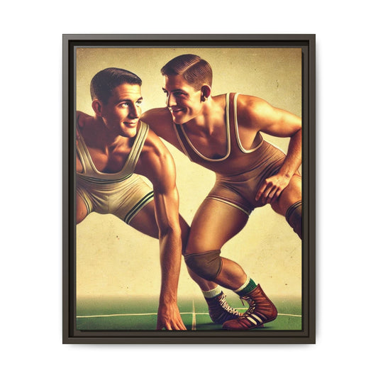 Vintage-style portrait of two young male wrestlers in retro singlets on a gym mat. One crouches in position while the other, slightly behind, smiles at him with playful affection. Both wear old-school wrestling shoes and knee pads. The scene captures athleticism, camaraderie, and queer subtext in a nostalgic, golden-toned setting. Grant Wood Tribute