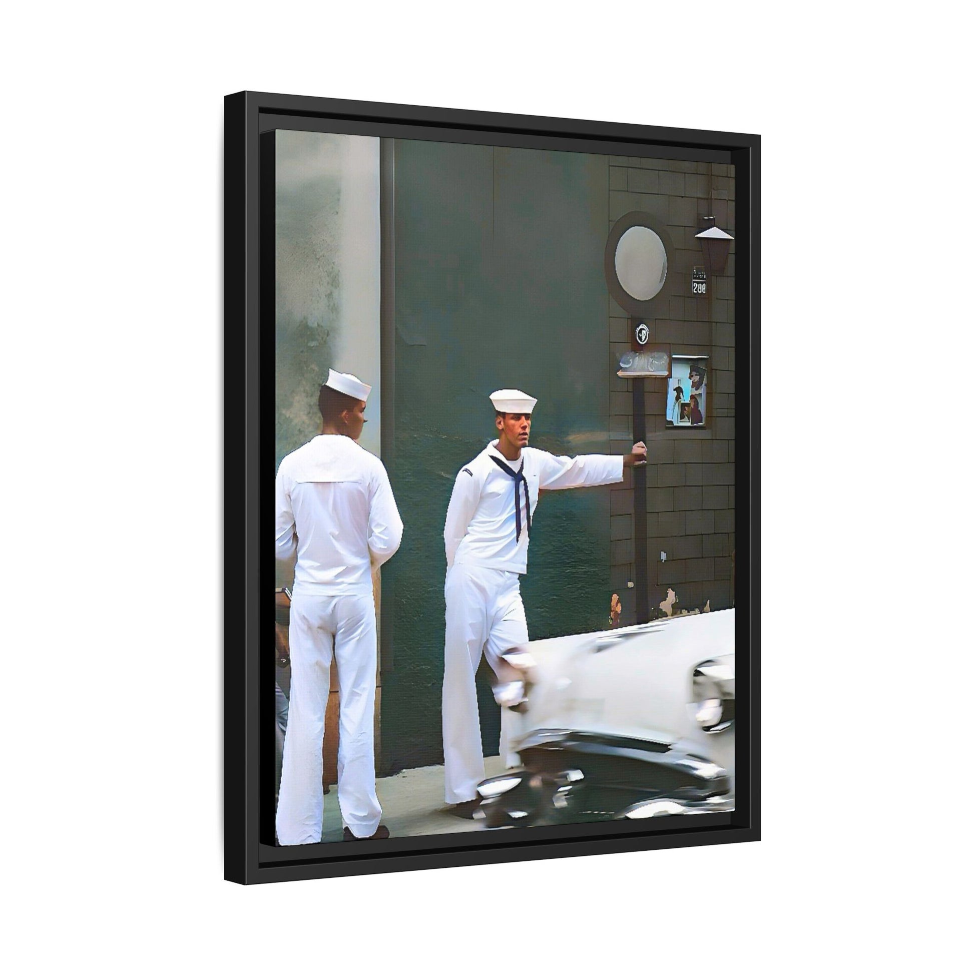 A restored vintage portrait of two sailors in Boystown, Northalsted, Chicago. This framed matte canvas celebrates LGBTQ+ history, urban charm, and community pride.