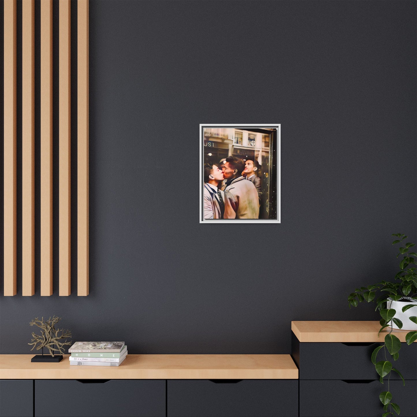 A restored 1950s LGBTQ+ couple portrait of Alejandro & Lorenzo at Mayfair Bar, NYC. A romantic queer history print on matte canvas, capturing love, resilience, and authenticity in a vibrant nightlife setting.