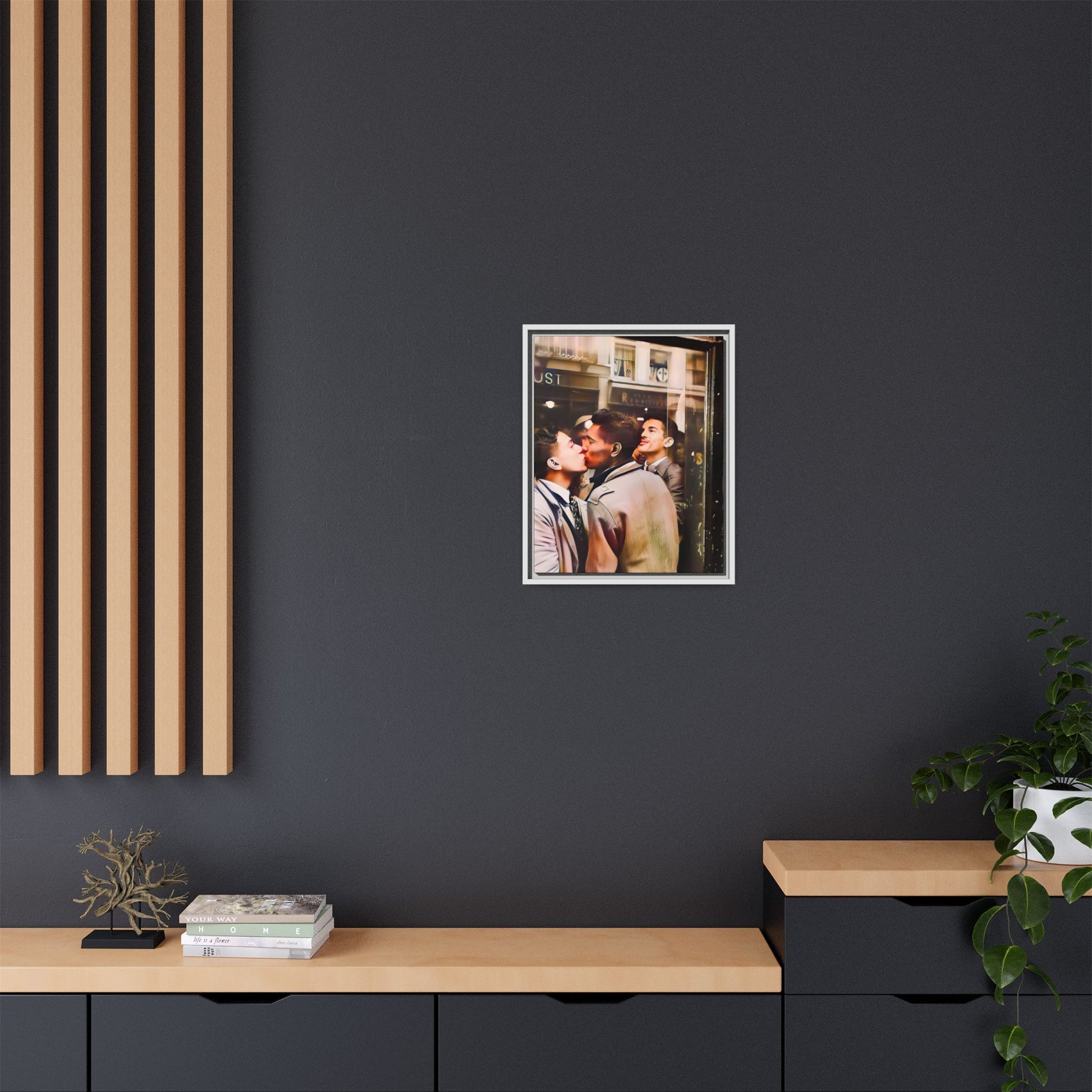 A restored 1950s LGBTQ+ couple portrait of Alejandro & Lorenzo at Mayfair Bar, NYC. A romantic queer history print on matte canvas, capturing love, resilience, and authenticity in a vibrant nightlife setting.