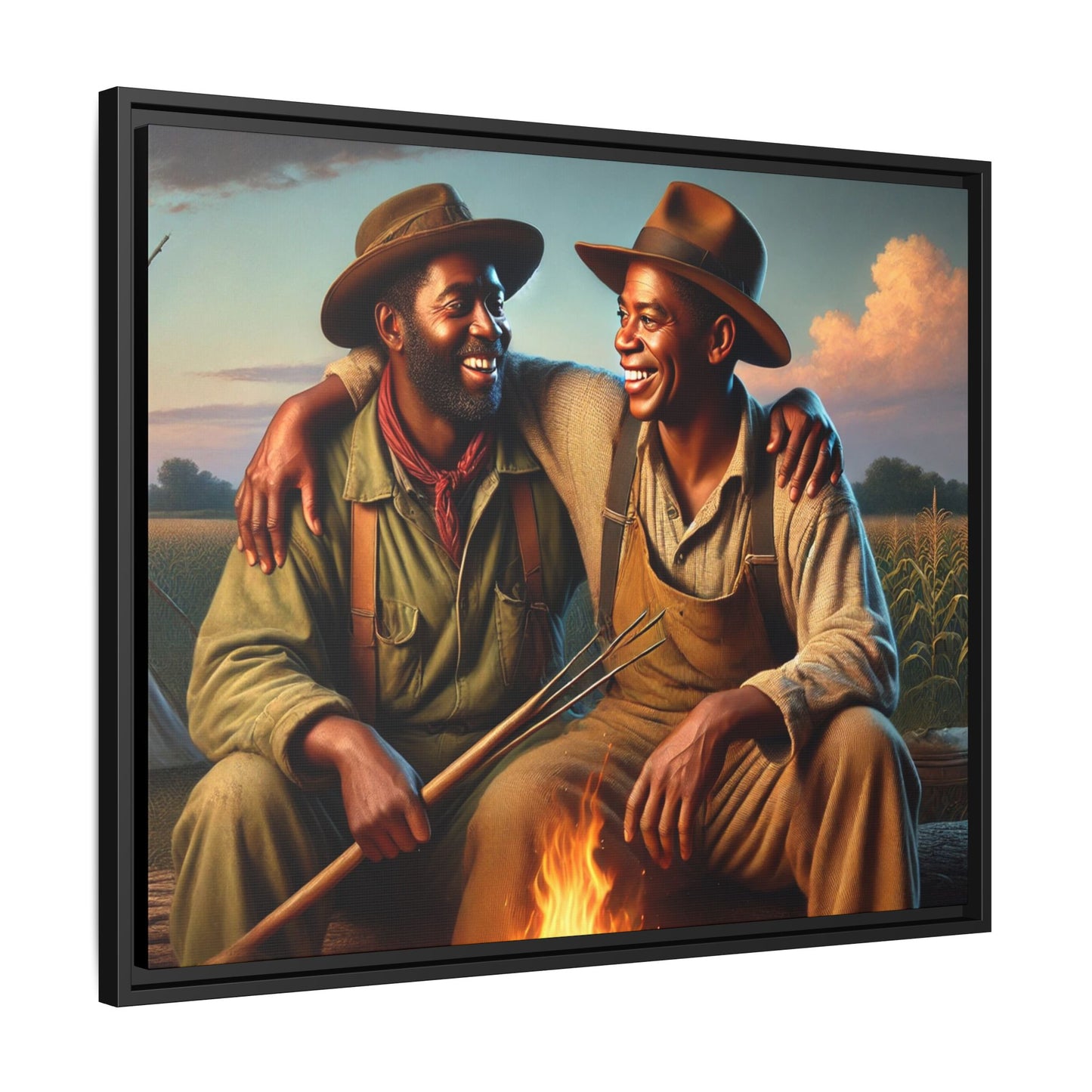 Artwork of an older African-American queer couple sharing a warm, joyful moment by a campfire in rural Iowa. Set against vast fields and an open sky, the scene captures love, resilience, and the nostalgic beauty of Americana, with firelight illuminating their laughter and companionship