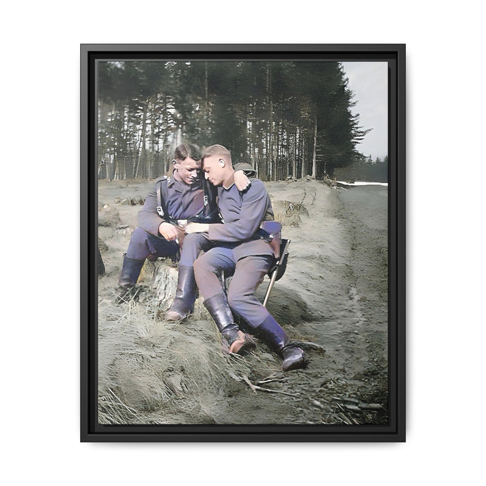 A beautifully restored WWI-era photograph featuring Felix and Engel, two soldiers seated closely on a tree stump in Verdun, France. Dressed in military uniforms with rugged boots, their affectionate expressions and serene forest backdrop capture a rare and intimate moment of connection and resilience during wartime. Vintage Foto Schwules Paar