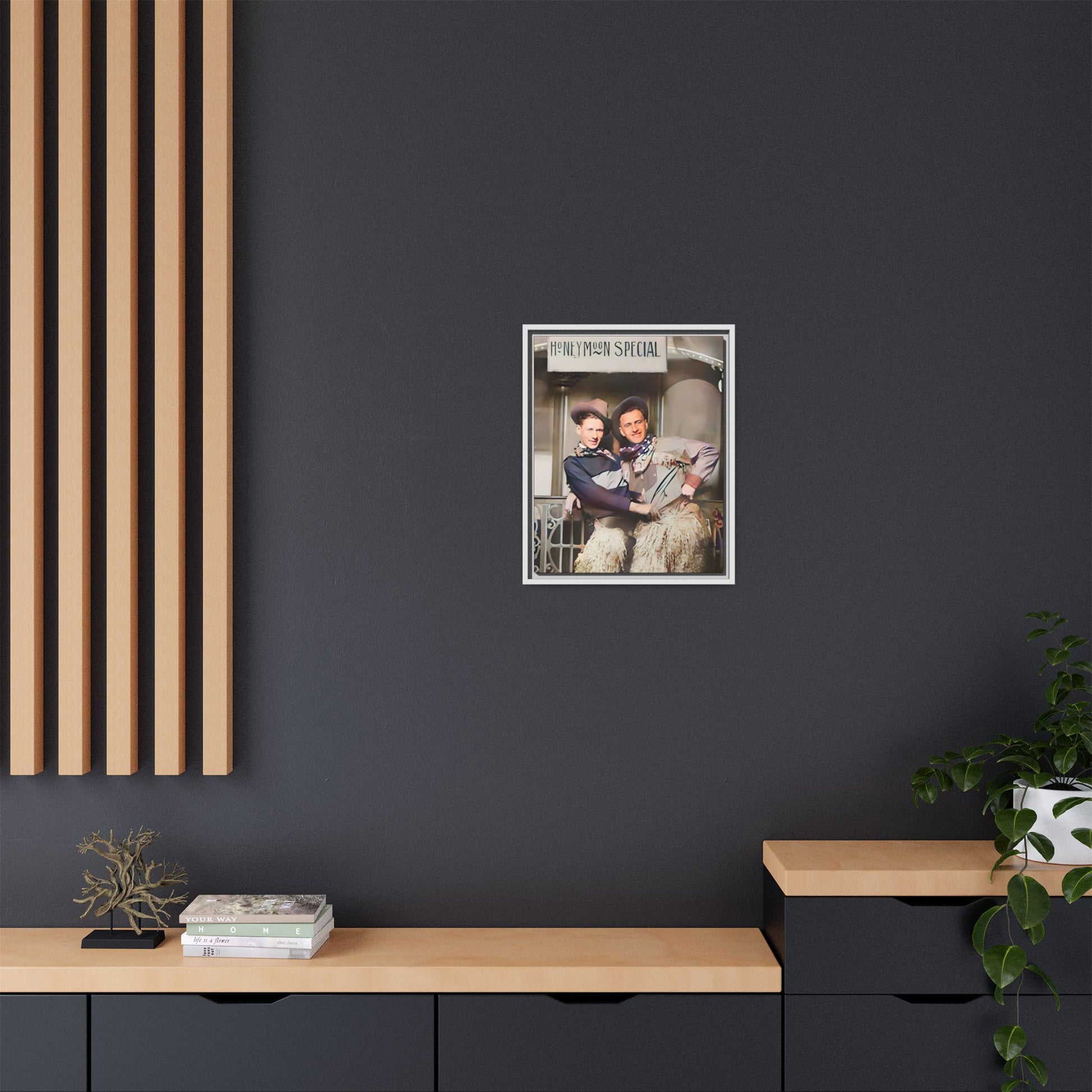 Vintage portrait of Harry & Earl in whimsical cowboy attire under the "Honeymoon Special" sign, set in 1920s San Antonio. Framed matte canvas art celebrating LGBTQ+ love and rustic Americana charm. Perfect for history enthusiasts and rustic decor lovers. Gay Marriage Wedding Gift