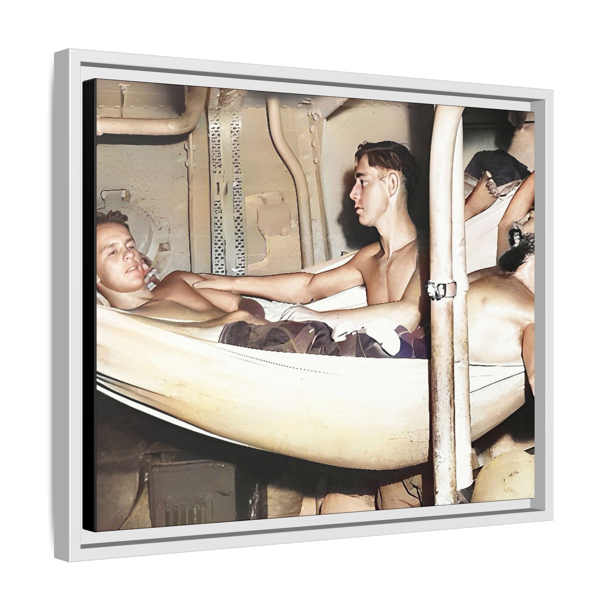 A framed vintage maritime photo on matte canvas featuring sailors aboard the Orleans, capturing life at sea and camaraderie.