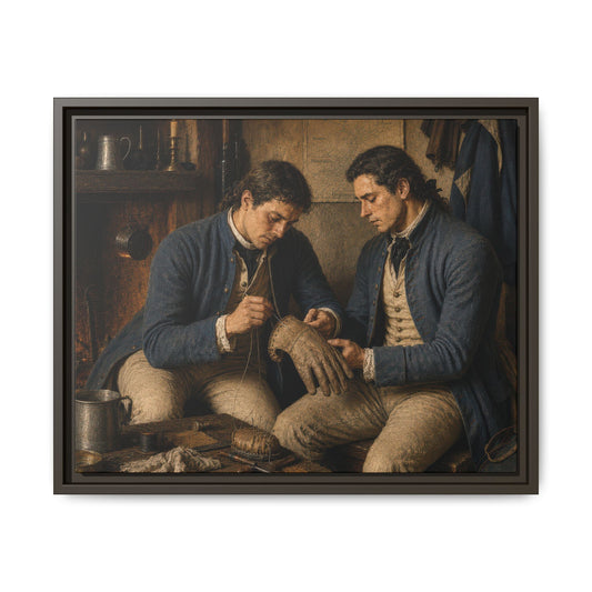 Two Continental Army soldiers repair a leather glove beside a hearth in a museum-inspired Revolutionary War portrait.