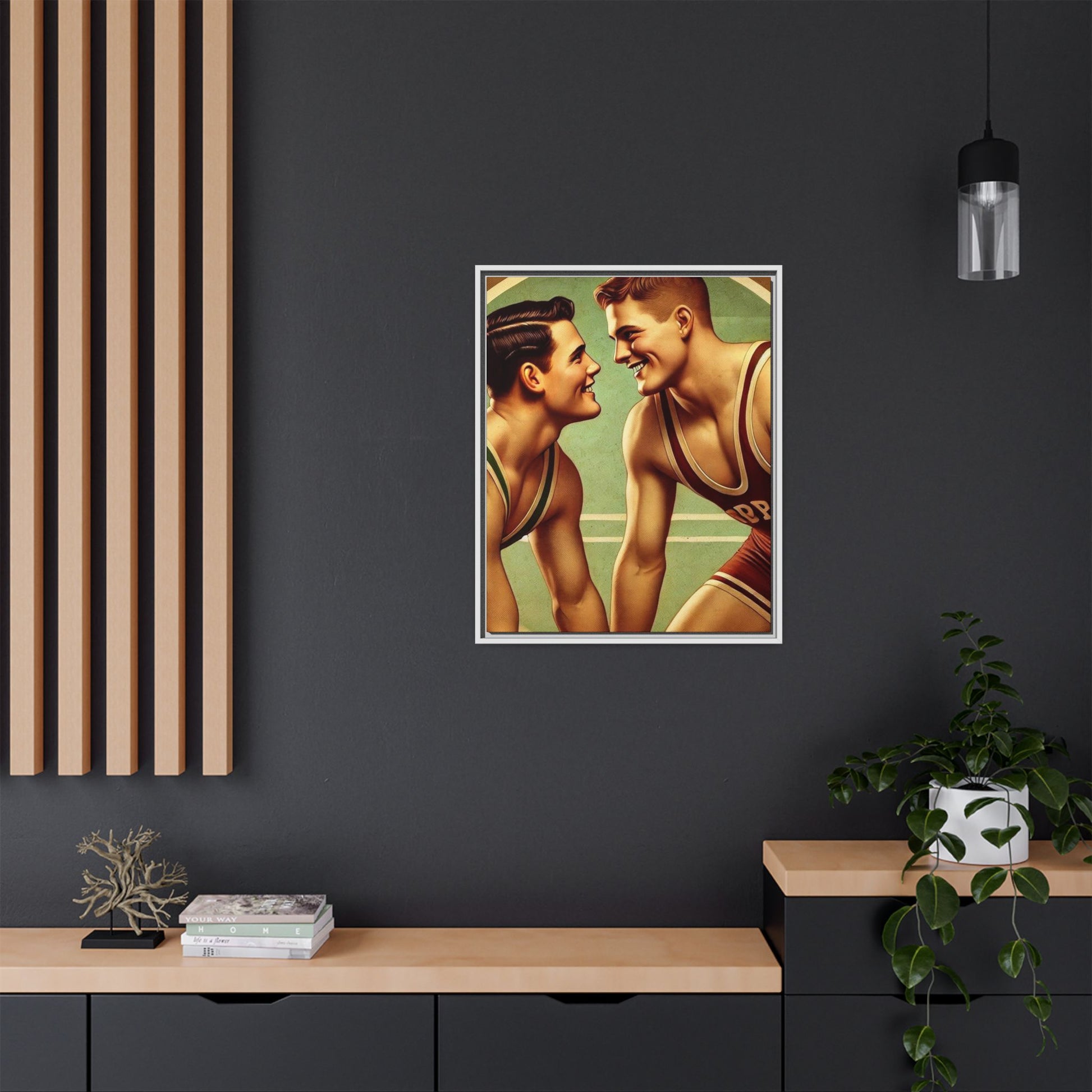 Framed artwork of two young wrestlers in vintage singlets on a stylized mat, inspired by Grant Wood's nostalgic Americana style.
