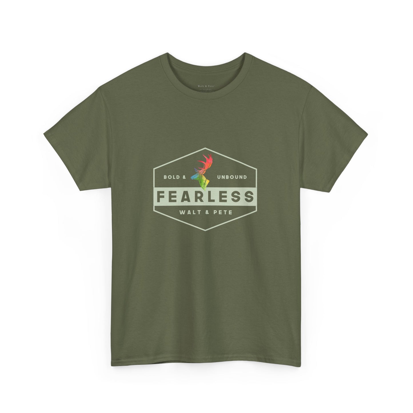 Unisex gr cotton t-shirt with a hexagon badge design reading “Fearless” and “Bold & Unbound,” featuring a rainbow antler—symbolizing LGBTQ+ pride and fearless queer identity