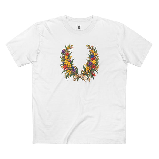 Australian golden wattle botanical Pride wreath with colorful blossoms and the word PRIDE