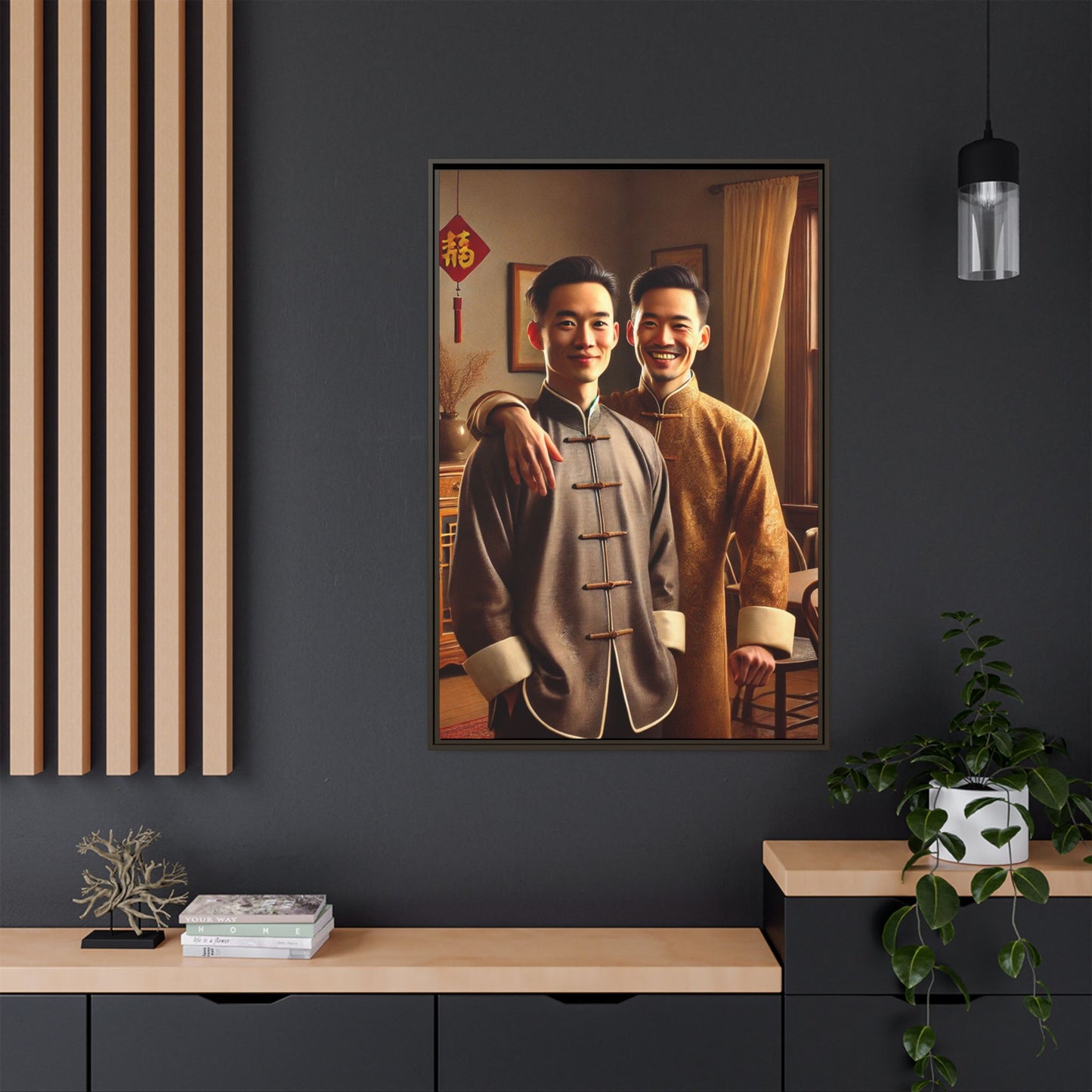 Artwork featuring a joyful portrait of a Chinese queer couple celebrating Chinese New Year in traditional attire. Set in a cozy American home adorned with subtle decorations, this image captures love, cultural pride, and warmth, blending Chinese heritage with a Midwestern setting