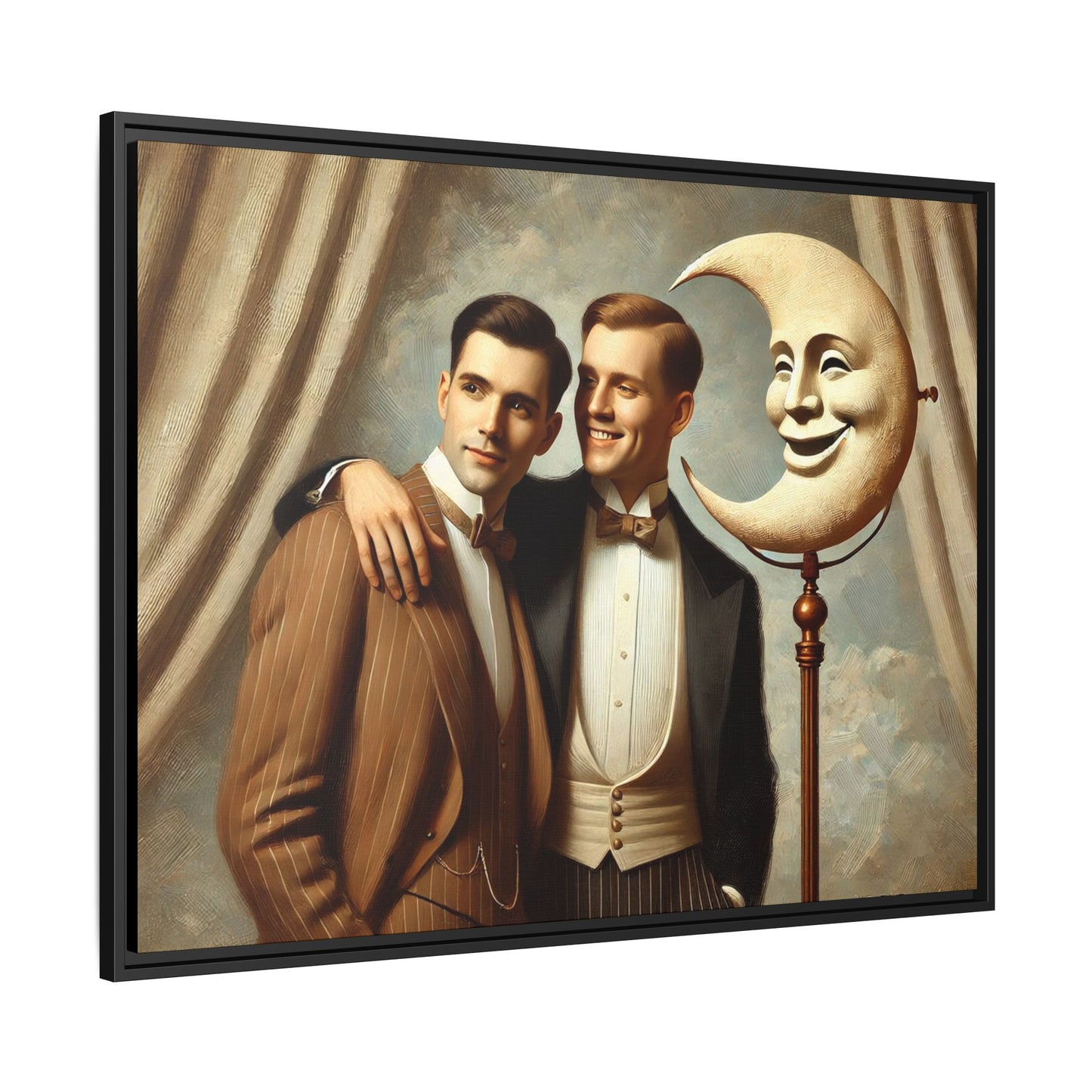 Framed matte canvas artwork of two men in vintage tuxedos standing beside a crescent moon prop. This piece reclaims LGBTQ+ representation lost to bias and honors everyday moments of affection and connection once absent from historical archives.